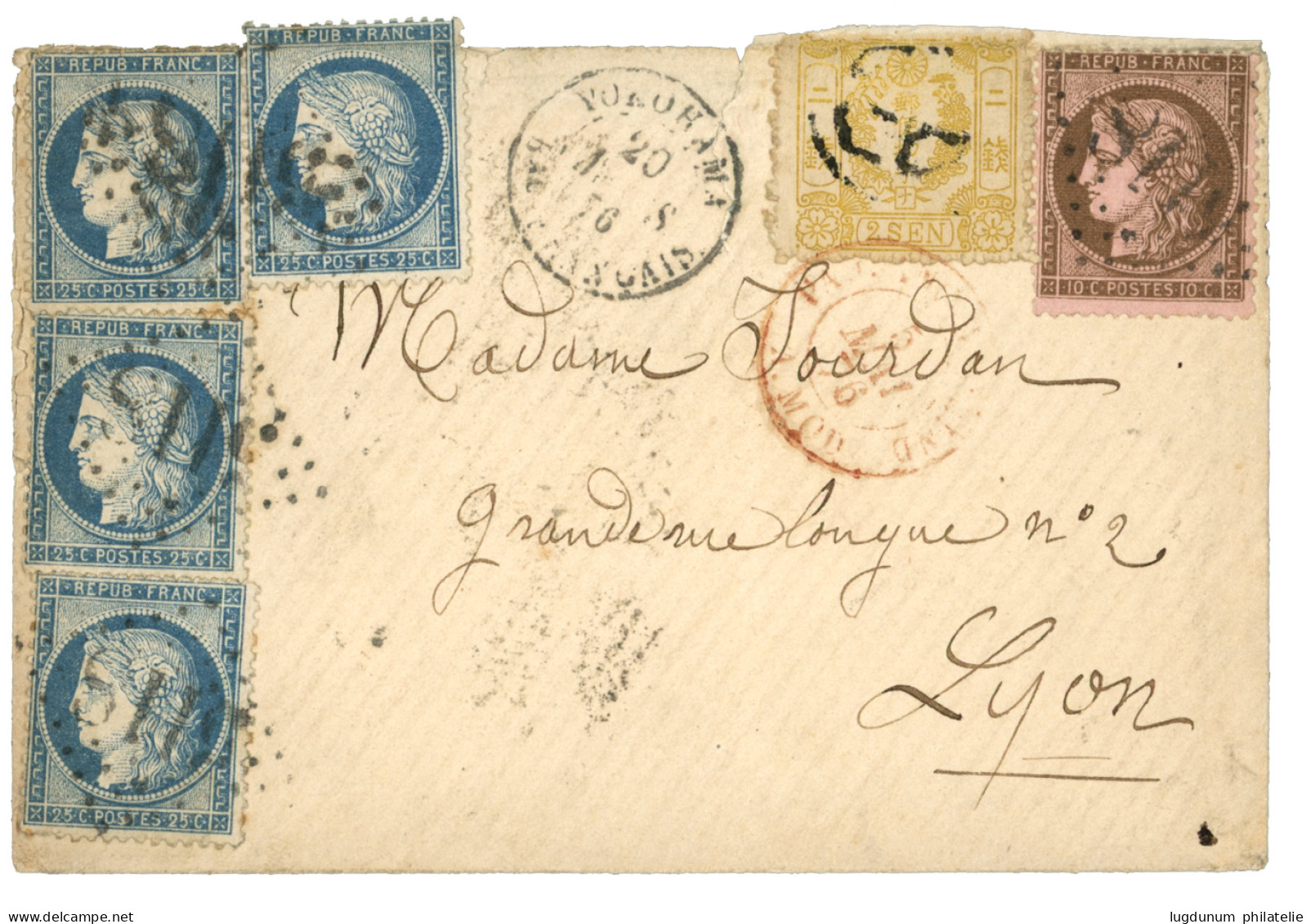 1876 CERES 25c (x4) + 10c Obl. GC 5118 + JAPON 2 Sen Jaune Obl. Sur Enveloppe Avec Texte Complet Daté "TOKIO" + Photo Po - 1849-1876: Klassieke Periode