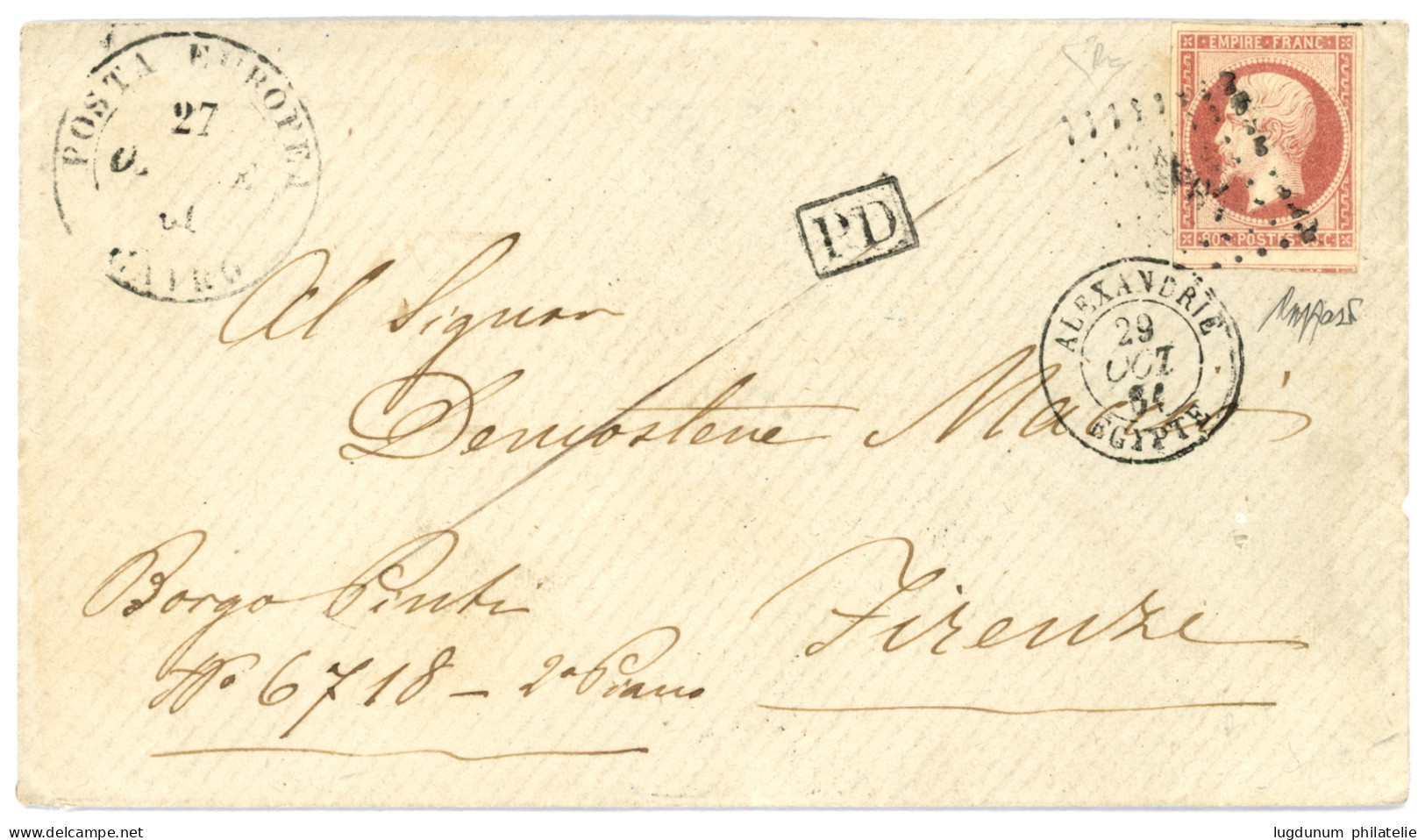 ALEXANDRIE : 1861 80c (n°17) TB Margé Obl. PC + ALEXANDRIE EGYPTE + POSTA EUROPEA CAIRO Sur Lettre Pour FIRENZE (ITALIE) - 1849-1876: Klassieke Periode