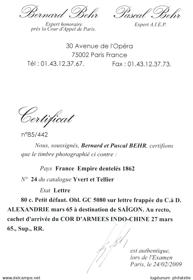 ALEXANDRIE Pour L' INDOCHINE Via Le Paquebot CAMBODGE : 1865 80c (n°24) Pd Obl. GC 5080 + ALEXANDRIE EGYPTE + CORR. D'AR - 1849-1876: Klassik
