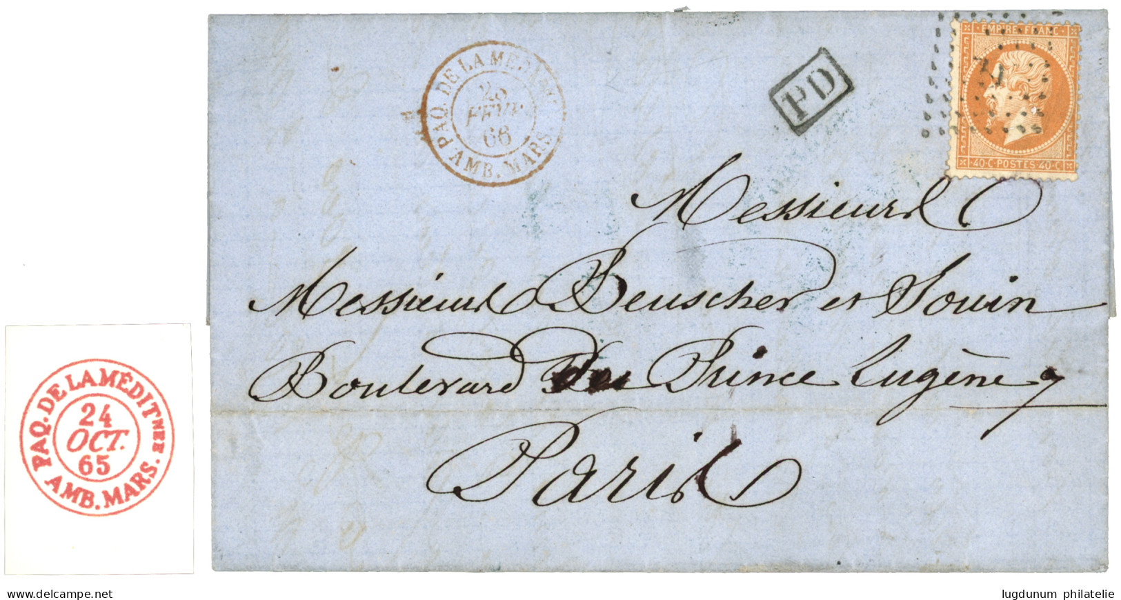 CONSTANTINOPLE : 1865 40c (n°23) Obl. ANCRE + Rare Cachet PAQ. DE LA MEDITnée AMB. MARS. Sur Lettre Avec Texte Daté CONS - 1849-1876: Classic Period