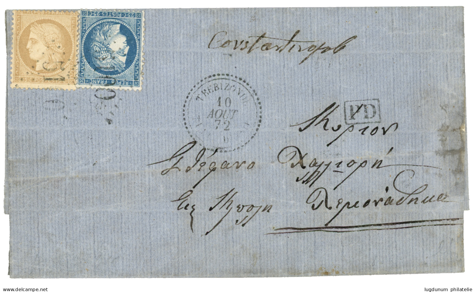 TREBIZONDE : 1872 CERES 15c + 25c Obl. GC 5100 + TREBIZONDE TURQUIE D' ASIE Sur Lettre Pour CONSTANTINOPLE. TB. - 1849-1876: Classic Period