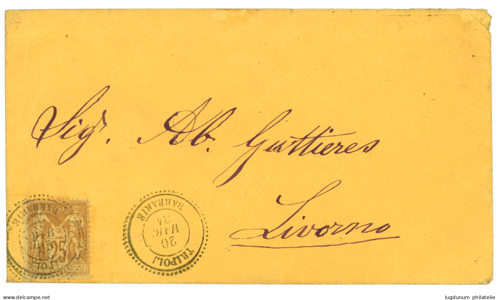 TRIPOLI - BARBARIE : 1884 25c SAGE Jaune Obl. TRIPOLI BARBARIE Sur Lettre Pour L' ITALIE. Superbe. - 1877-1920: Semi-Moderne