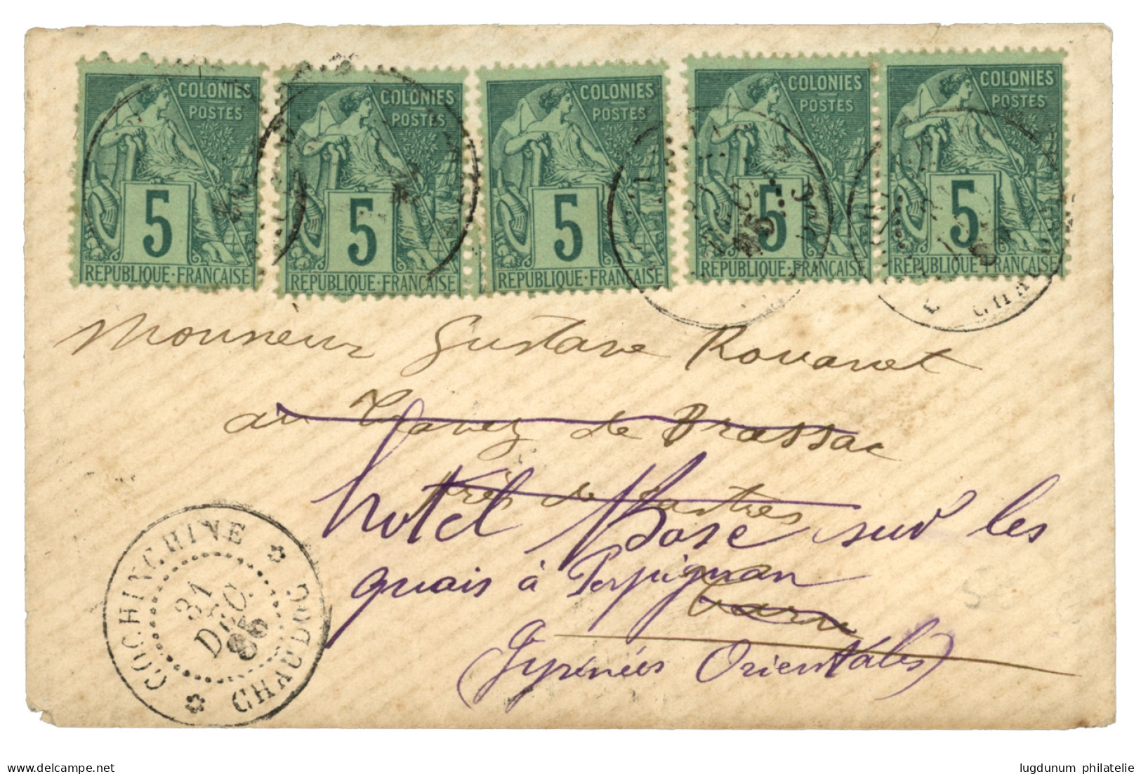 CHAUDOC : 1885 CG 5c (x5) Obl. COCHINCHINE CHAUDOC Sur Enveloppe Pour La FRANCE. Superbe. - Other & Unclassified