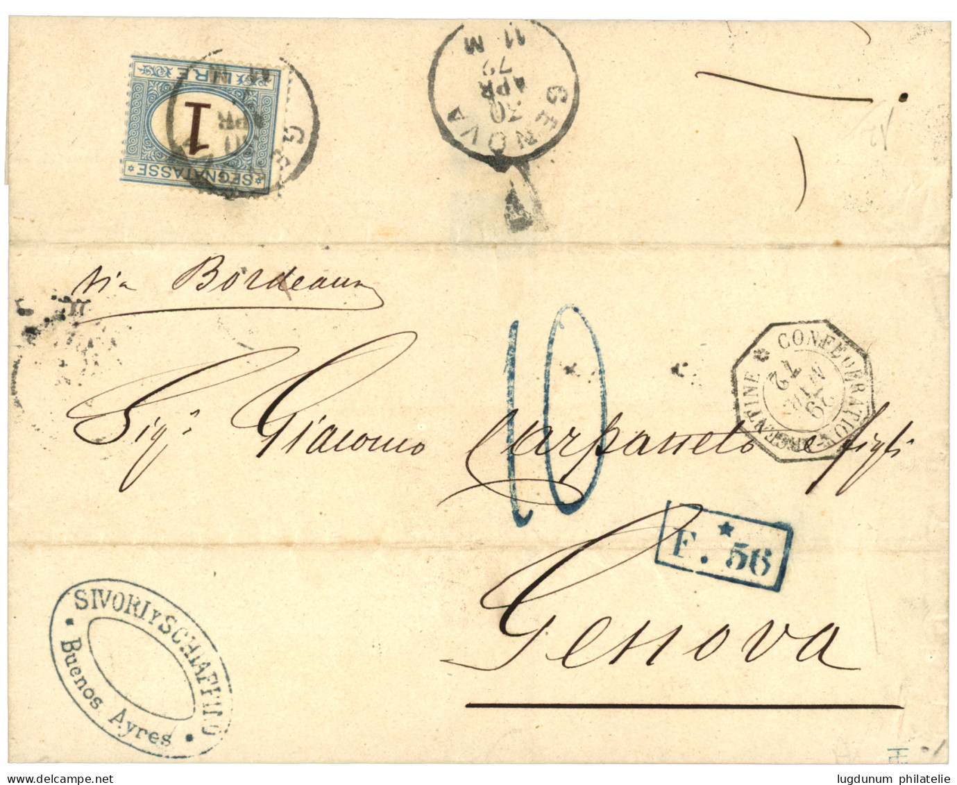 ARGENTINA : 1872 French Consular Cds CONDEDERATION-ARGENTINE + Boxed F.56 + 10 Blue Tax Marking On Entire From BUENOS-AY - Sonstige & Ohne Zuordnung