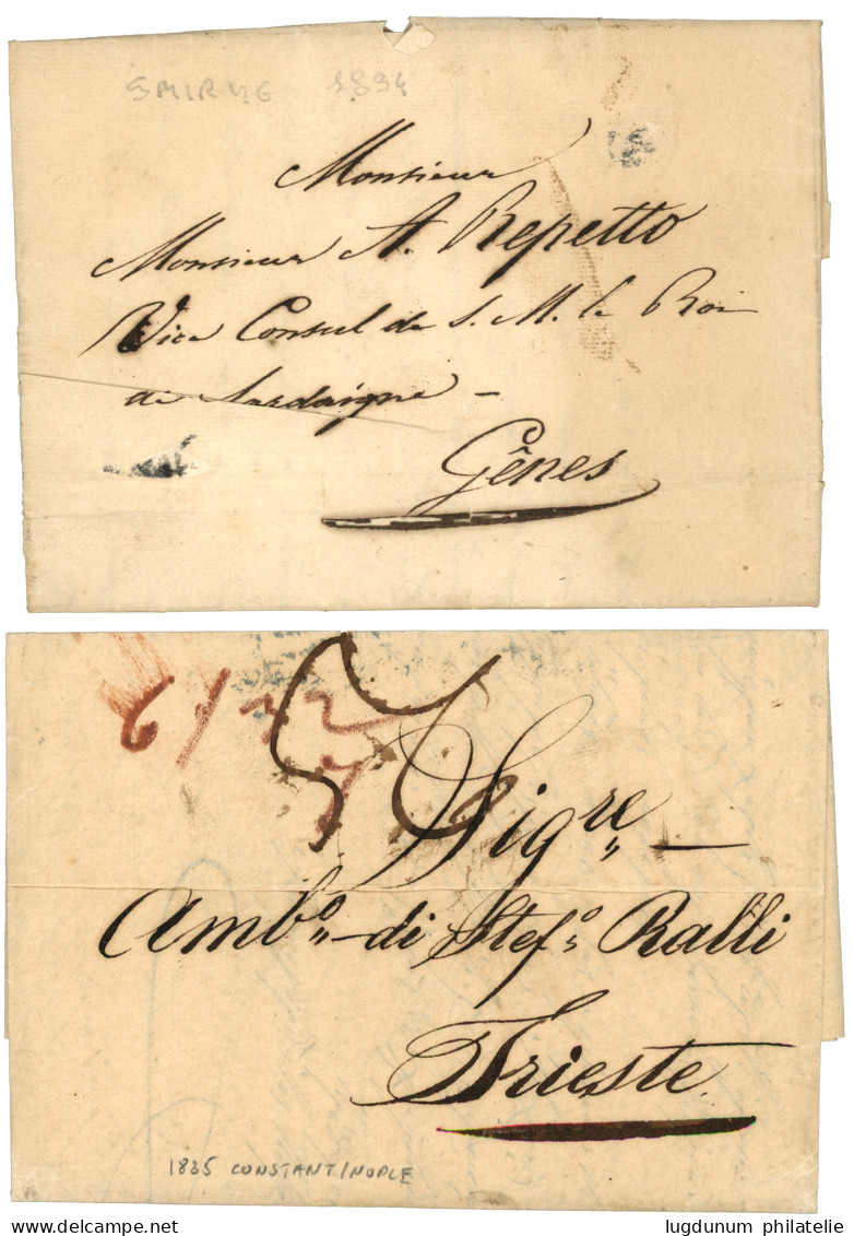 DESINFECTED MAIL : 1834 SMYRNA To GENOVA With LAZZARETTO SAN ROCCO LIVORNO And 1835 CONSTANTINOPLE To TRIEST With NETTO  - Levante-Marken