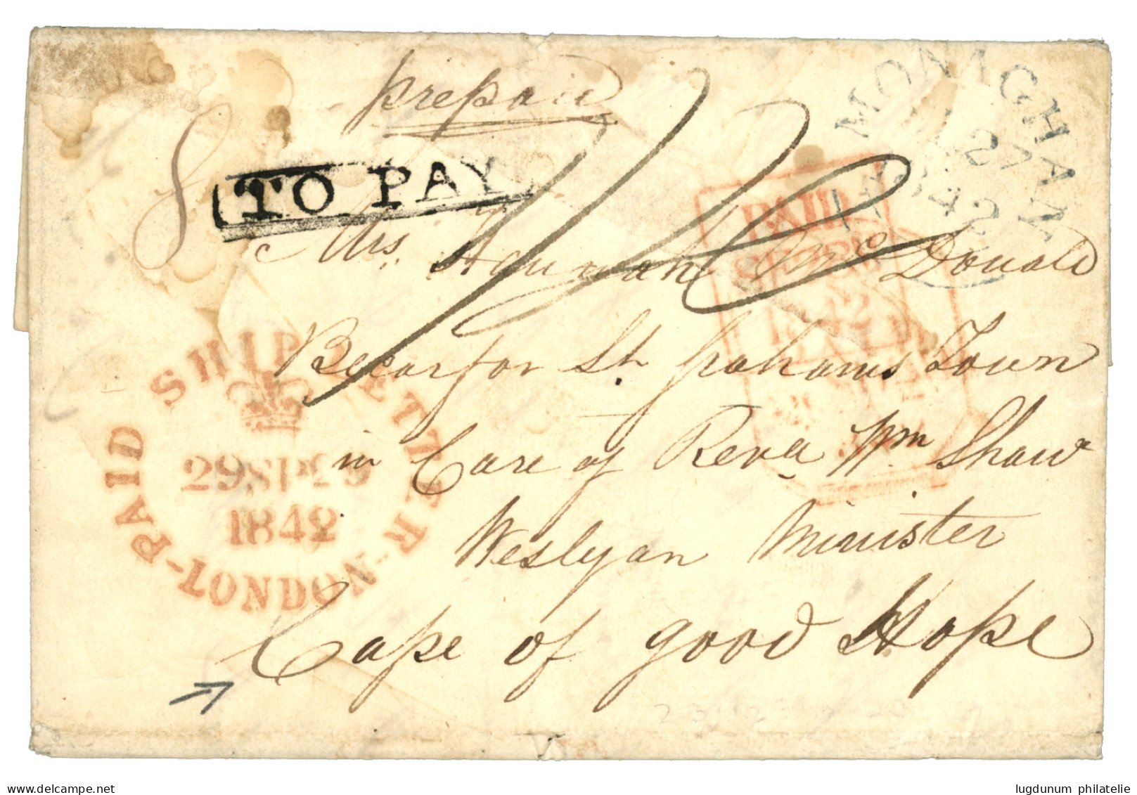 CAPE OF GOOD HOPE : 1842 Boxed TO PAY + PAID SHIP LETTER LONDON On Entire Letter Datelined "KILLMORK" To CAPE OF GOOD HO - Cape Of Good Hope (1853-1904)