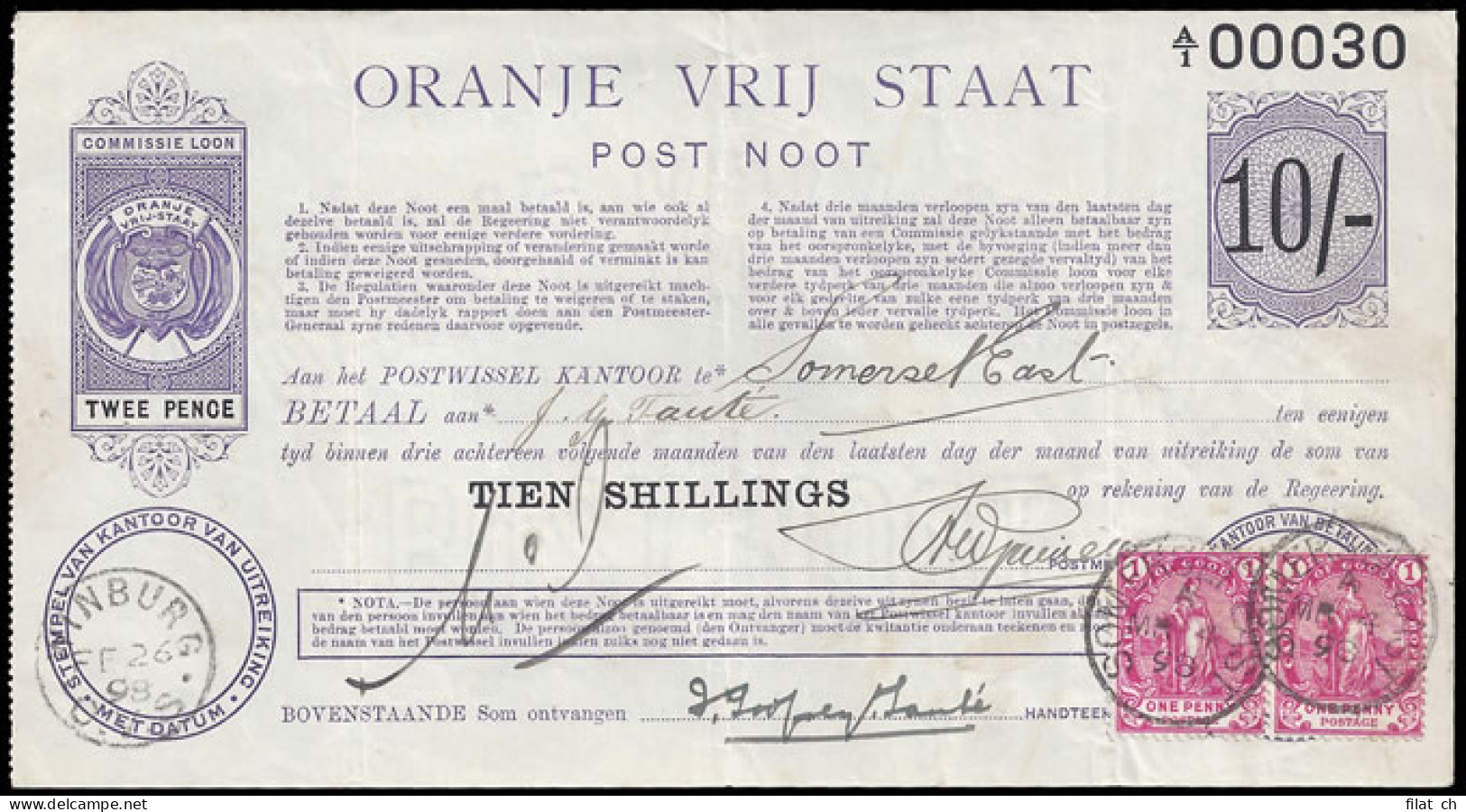 Orange Free State 1898 Postal Note 10/- Money Order To Cape - État Libre D'Orange (1868-1909)