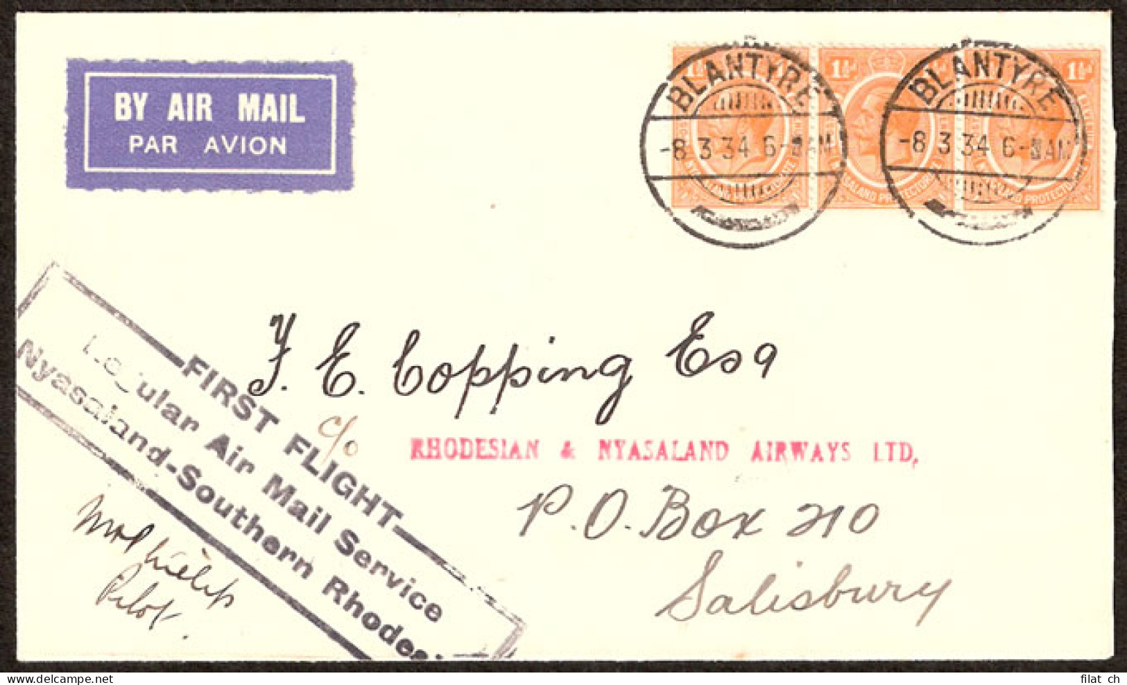 Nyasaland 1934 Pilot Signed First Flight Blantyre To Salisbury - Nyasaland (1907-1953)