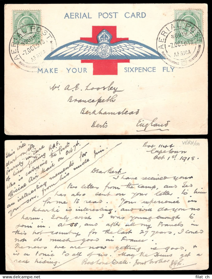 South Africa 1918 Cape Town First Flight Card, Overseas Franking - Luftpost