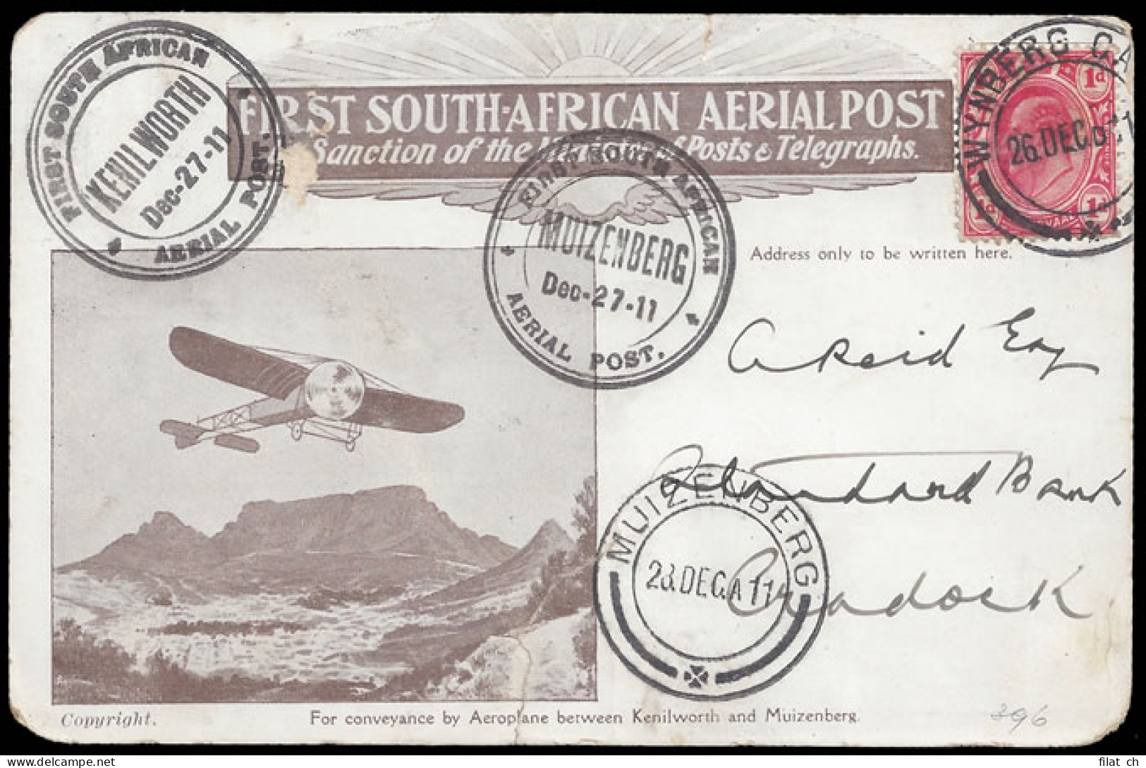 South Africa 1911 First Flight Card Kenilworth - Muizenberg - Posta Aerea