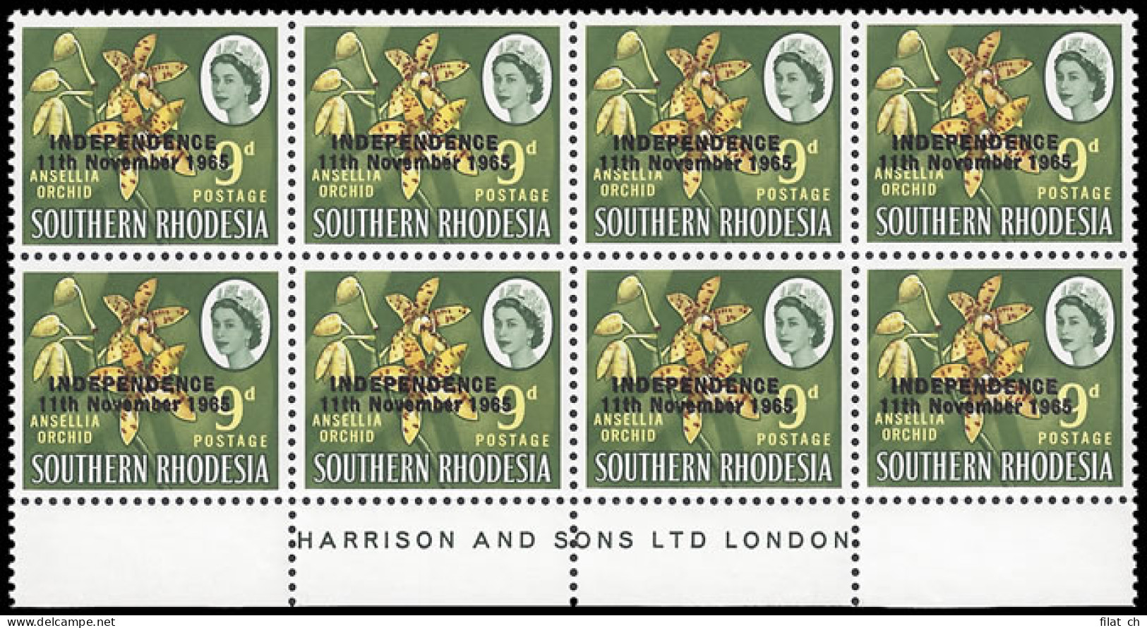 Rhodesia 1966 9d Double Overprint Imprint Block Of Eight - Autres & Non Classés