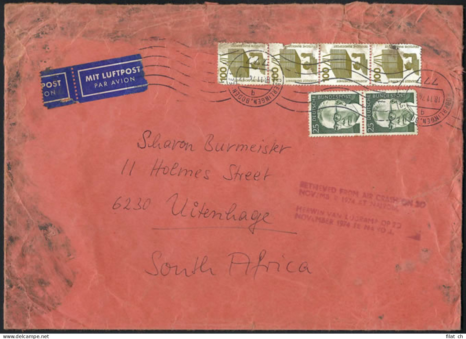 South Africa 1974 Nairobi Lufthansa Crash Cover Ex Germany - Non Classés