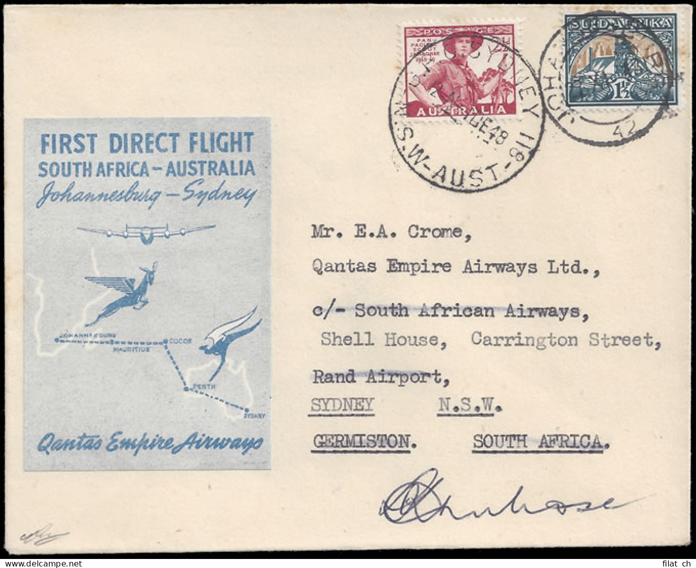 South Africa 1948 Qantas First Direct Joburg-Sydney, Signed - Posta Aerea