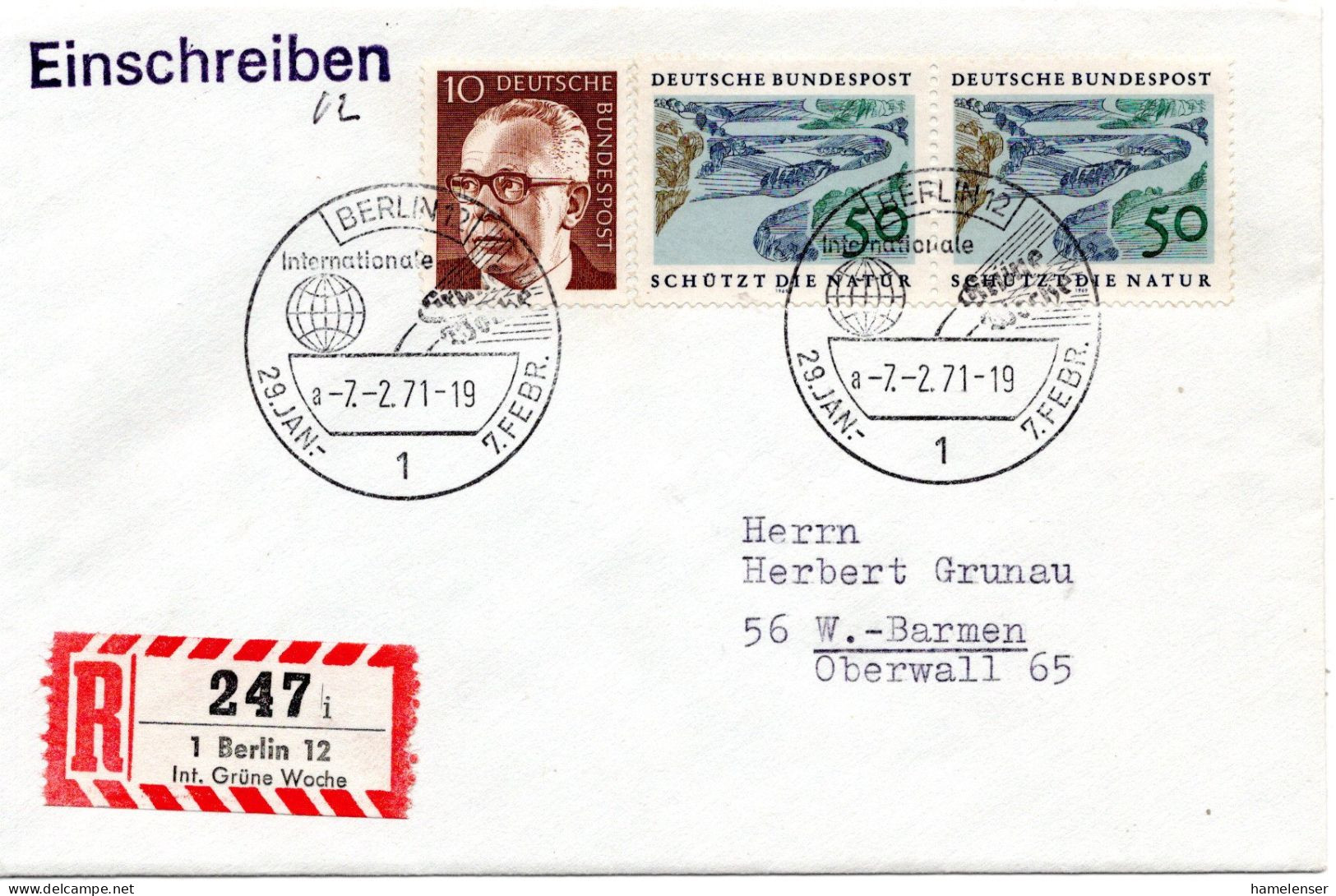 74882 - Bund - 1971 - 2@50Pfg Naturschutz MiF A R-Bf BERLIN - ... GRUENE WOCHE -> Wuppertal, M So-R-Zettel - Lettres & Documents