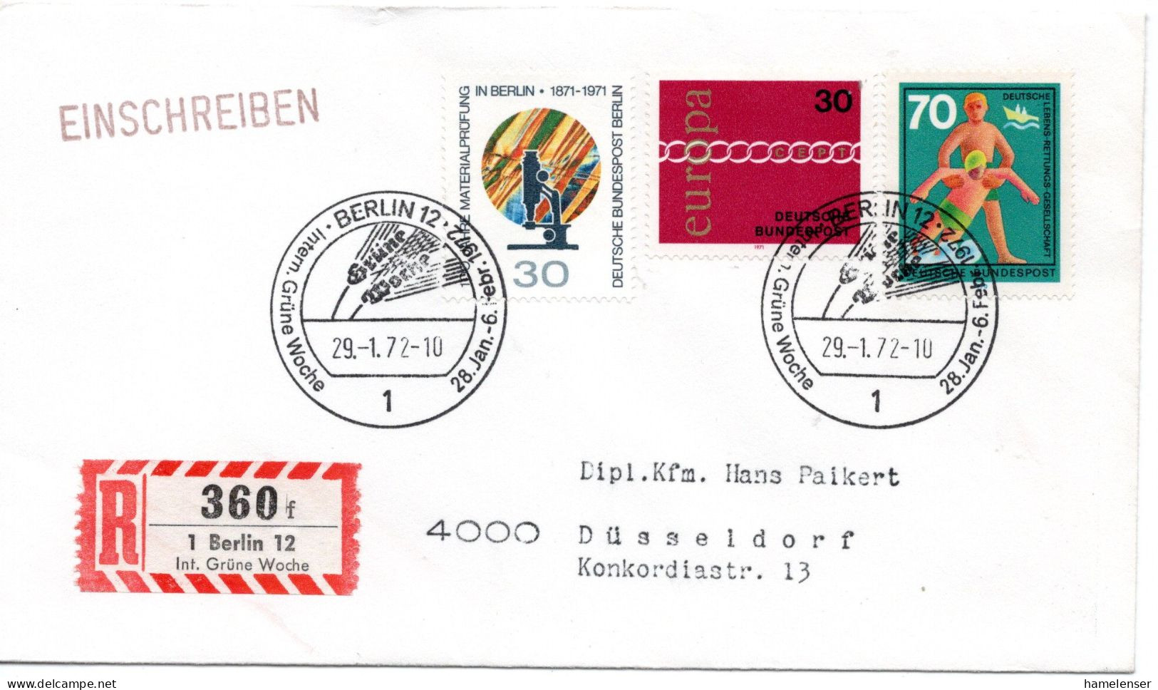 74883 - Bund - 1972 - 70Pfg DLRG MiF A R-Bf BERLIN - ... GRUENE WOCHE -> Duesseldorf, M So-R-Zettel - Lettres & Documents