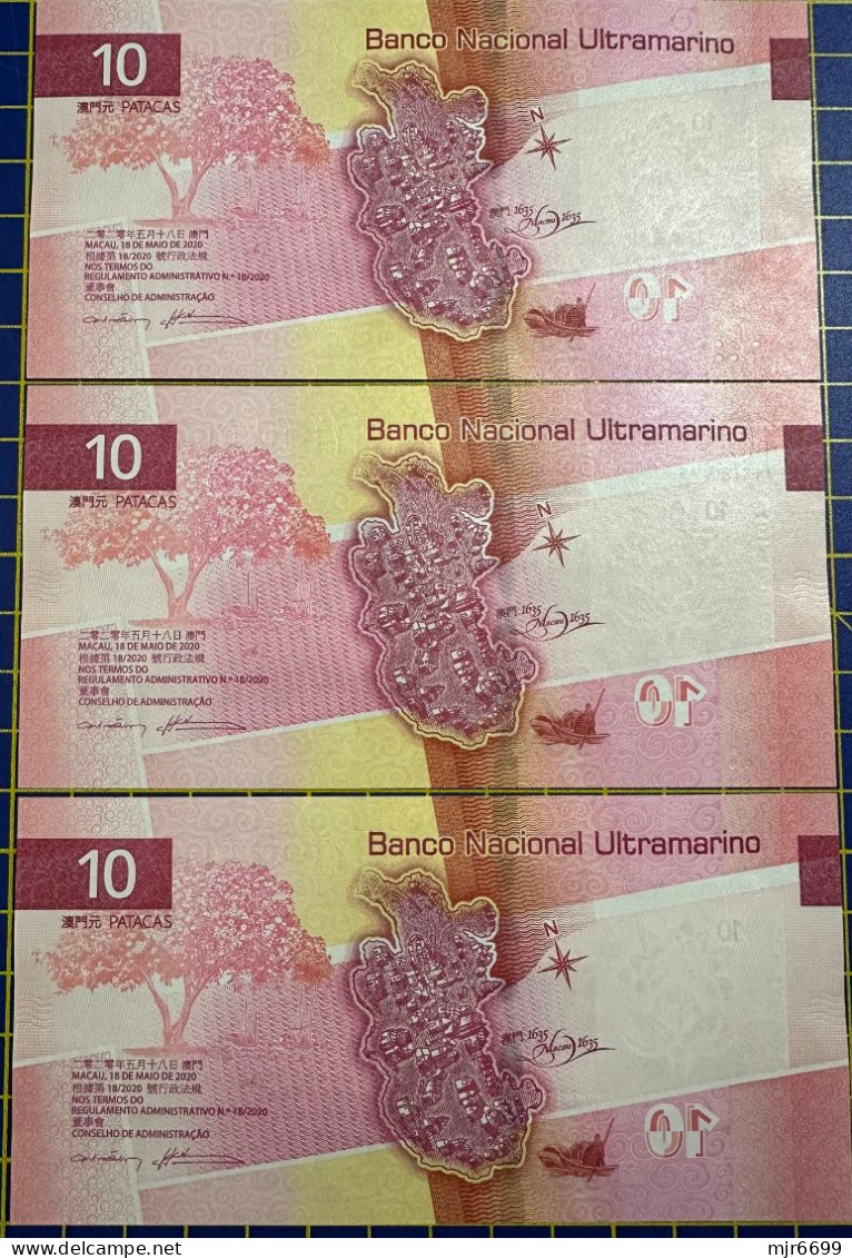 MACAU, MACAO - 2020 BANCO NACIONAL ULTRAMARINO 10 PATACAS UNC X 3 ALL SAME NUMBER - 775800 - Macao