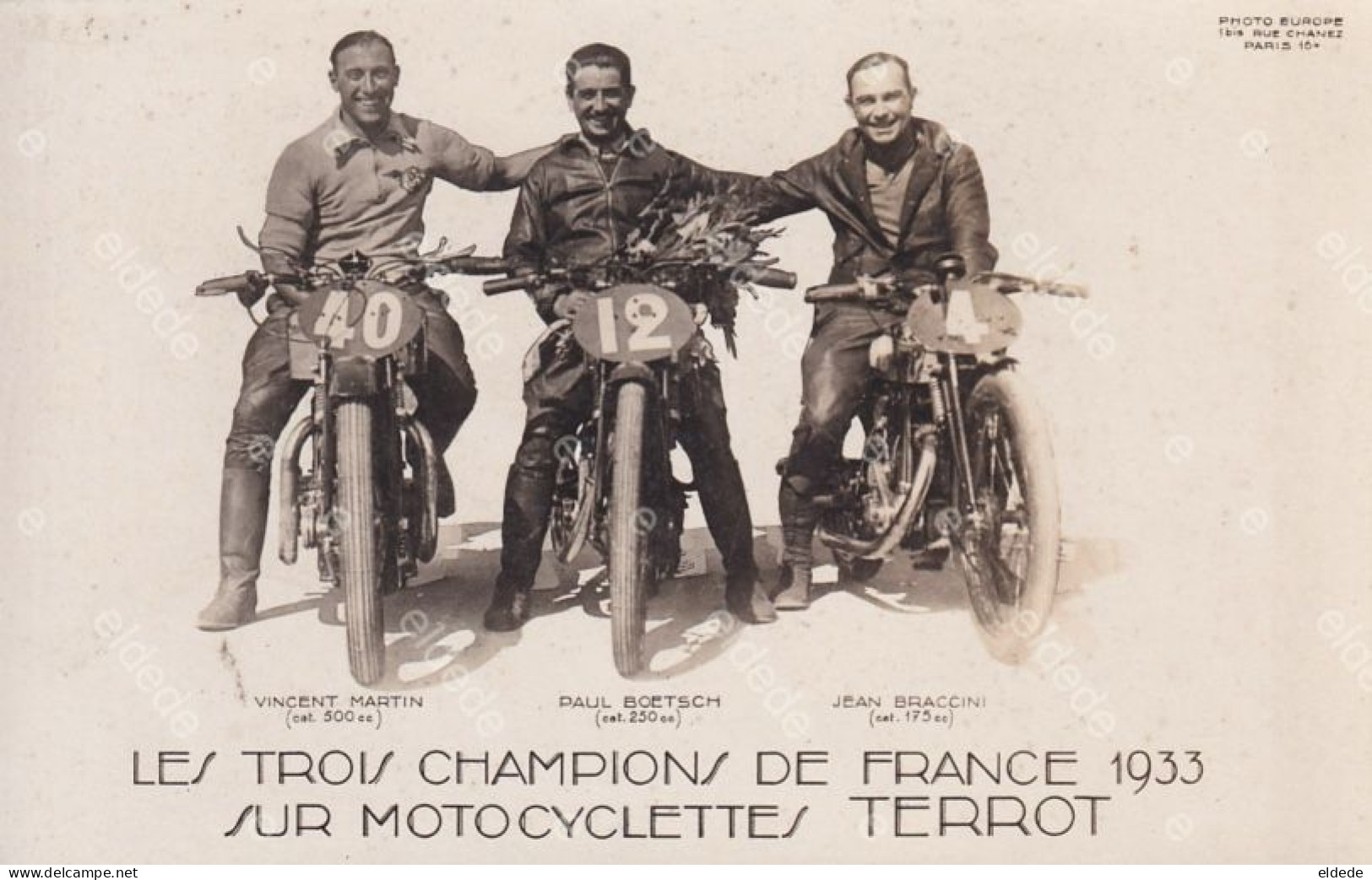 Real Photo Champions France 1933 Moto Terrot Vincent Martin , Paul Boetsch De Nice , Jean Braccini - Sport Moto