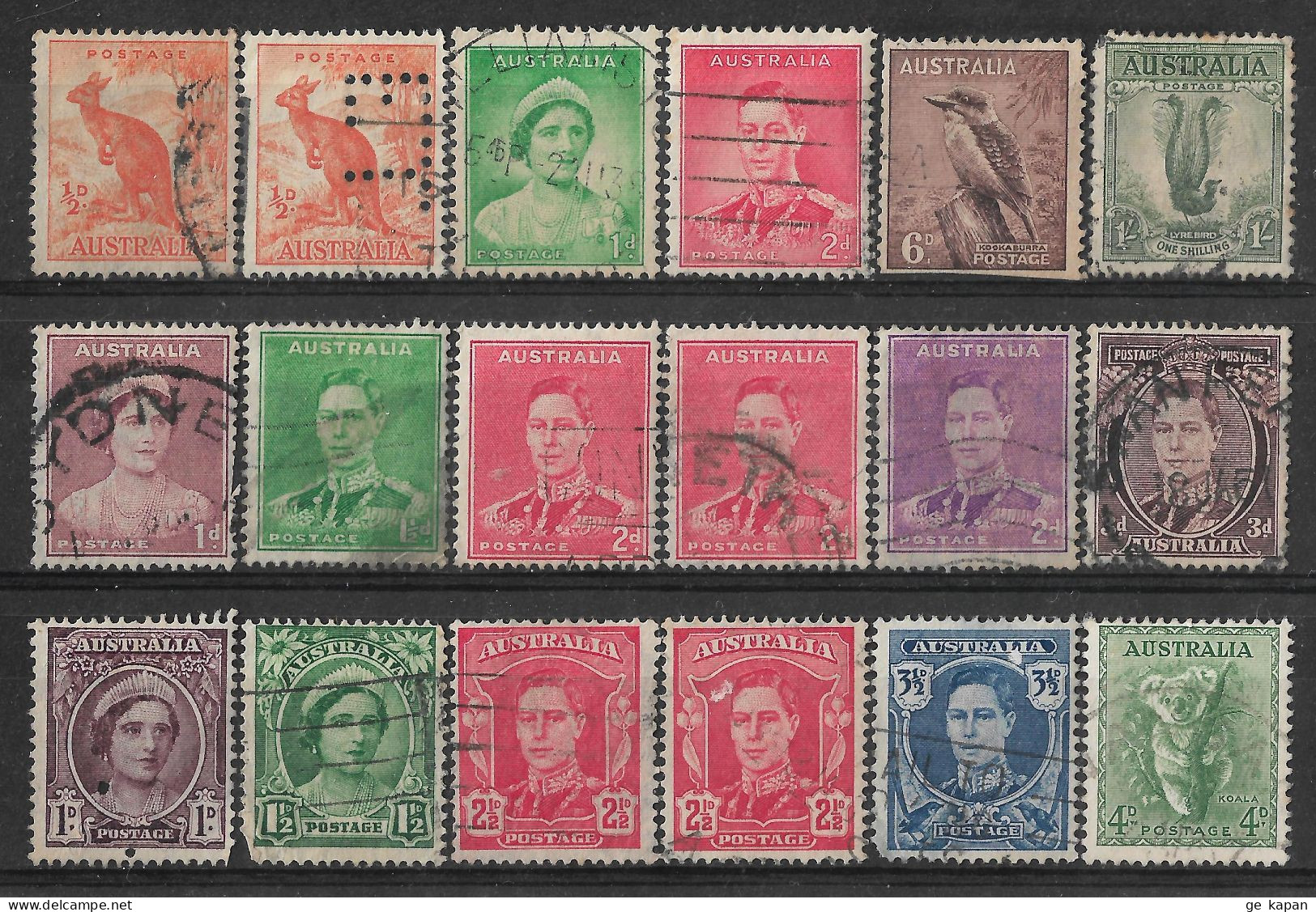 1937-1956 AUSTRALIA 18 USED STAMPS (Scott # 166,167,169,173,175,181,181B,182,182B,183A,191,192,194,195,293) CV $6.30 - Used Stamps