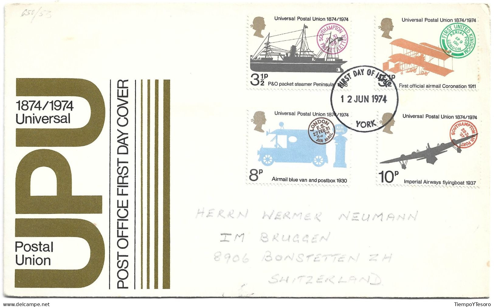 First Day Cover - UPU, 1974, England To Switzerland N°867 - 1971-1980 Em. Décimales