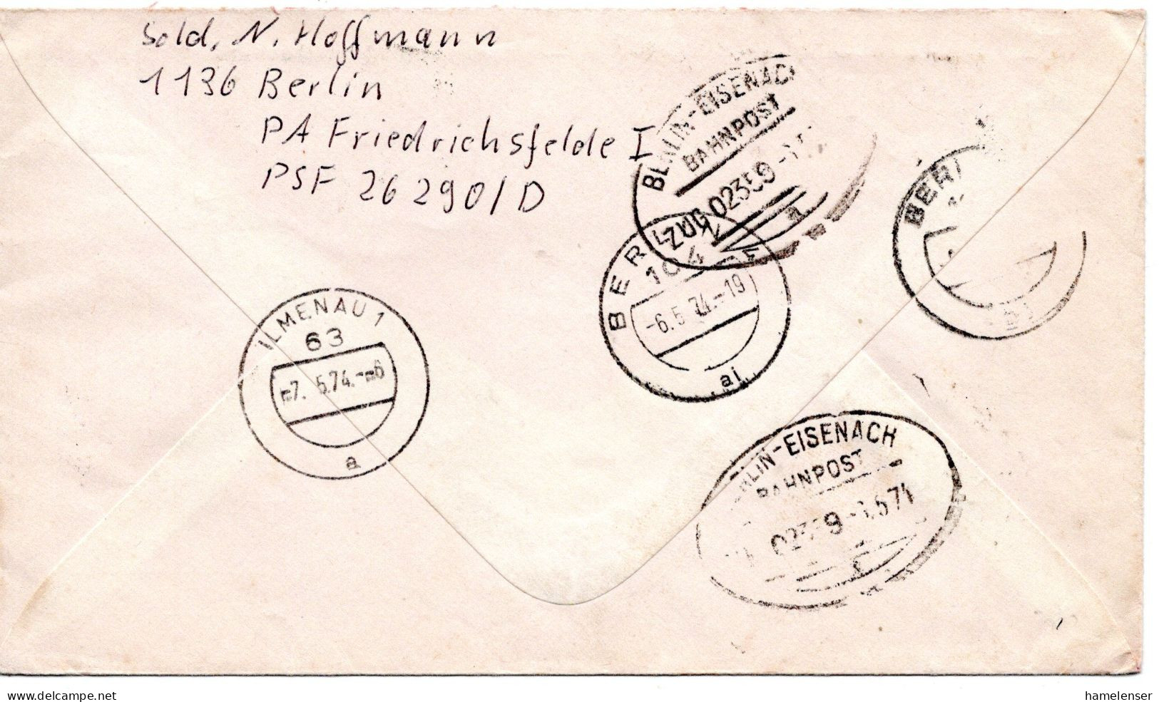 74891 - DDR - 1974 - 3@20Pfg Blaukehlchen MiF A EilBf BERLIN -> ILMENAU, Abs: NVA-Soldat - Covers & Documents