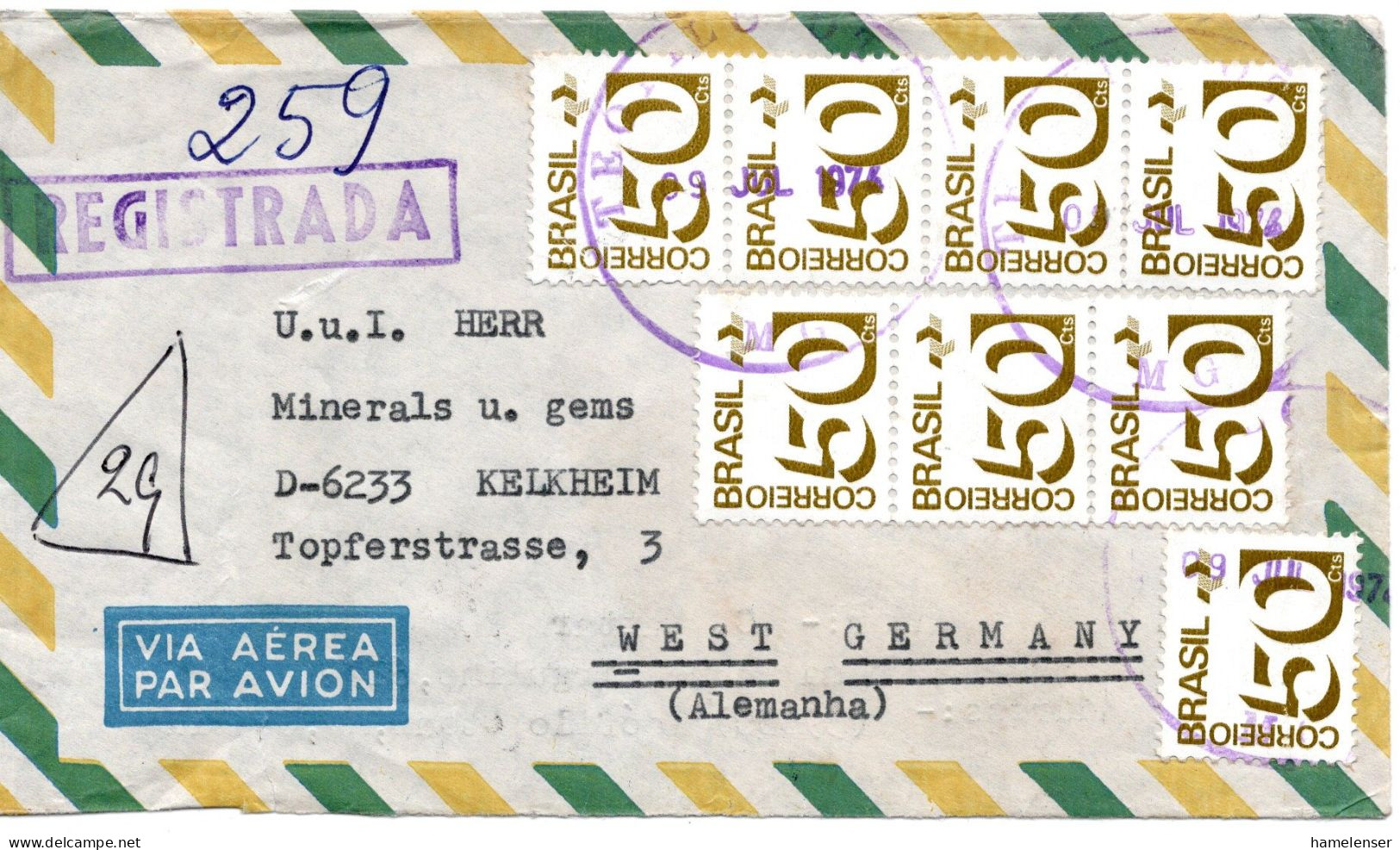 74894 - Brasilien - 1974 - 8@50c Ziffer A R-LpBf TEOFILO OTONI -> Westdeutschland - Covers & Documents