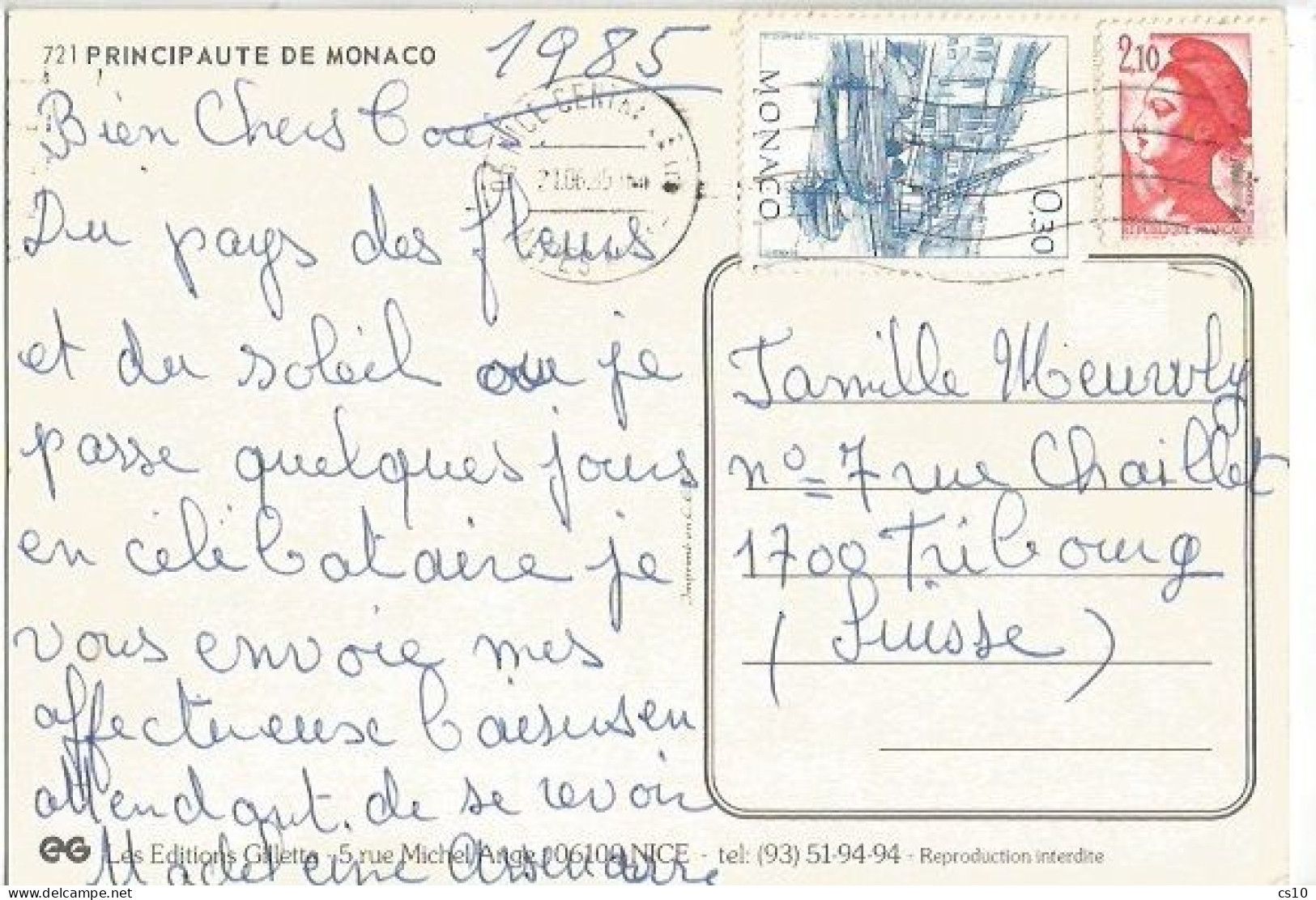 Monaco Touristique F.0.30  + France Sabine F.2.10 Ensable Mixed Franked PPC Monaco Posted In Nice 21jun1985 - Postmarks