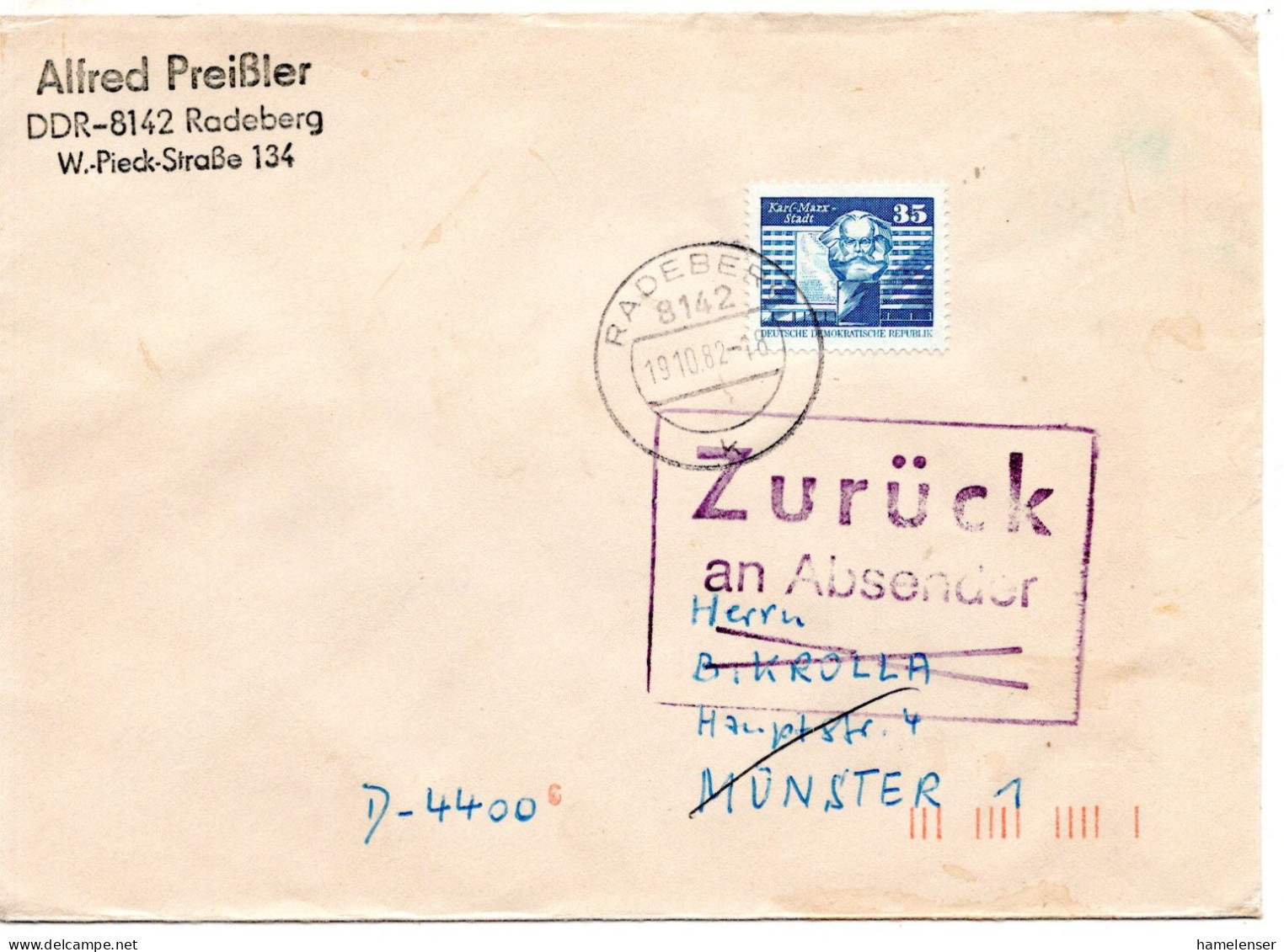 74923 - DDR - 1982 - 35Pfg Kl Bauten EF A Bf RADEBERG -> Westdeutschland, "unzustellbar" Zurueck - Lettres & Documents