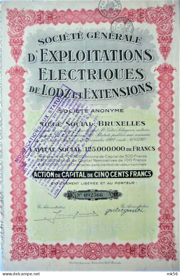 S.A. Société Générale  D'Exploitation Electriques De Lodz Et Extensions (1927) - Elektriciteit En Gas