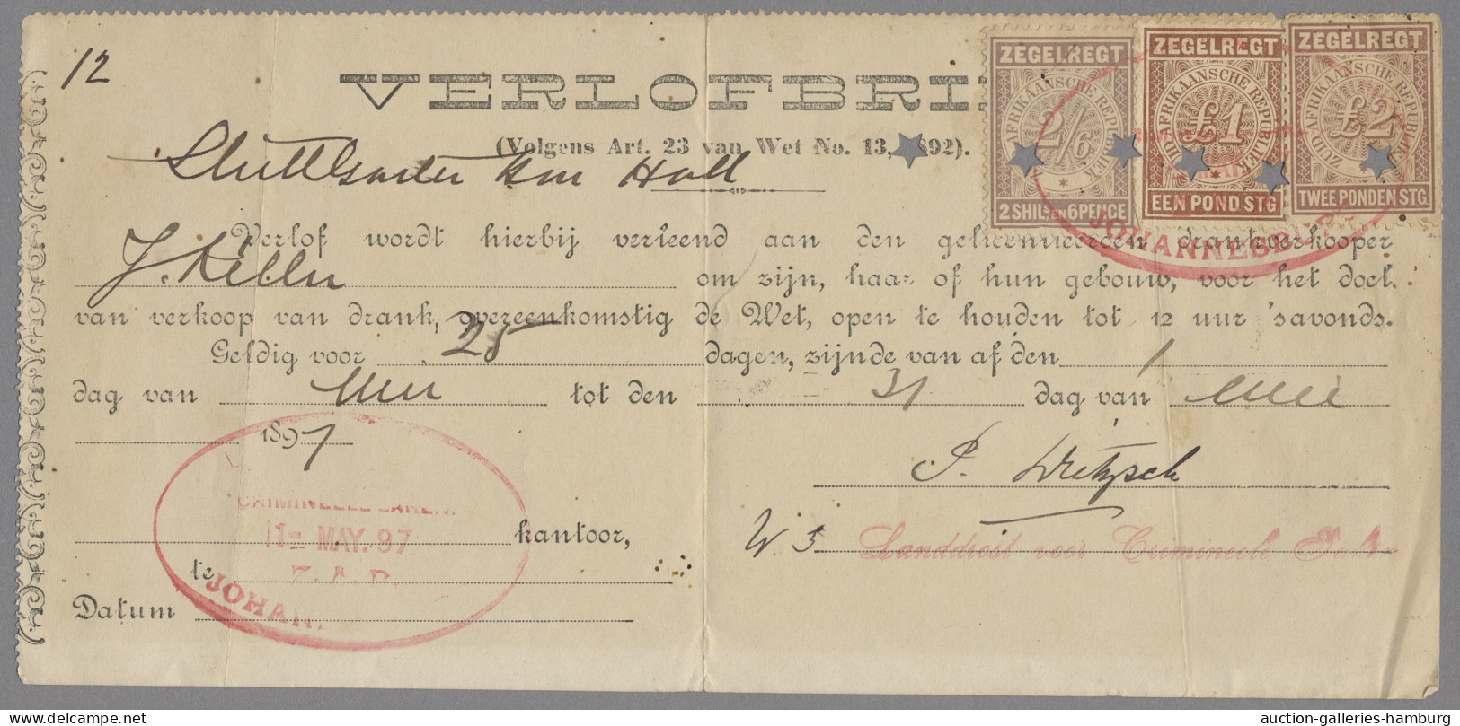 Transvaal - Specialities: 1897, Johannesburg, Bill Of Exchange Franked With Reve - Transvaal (1870-1909)