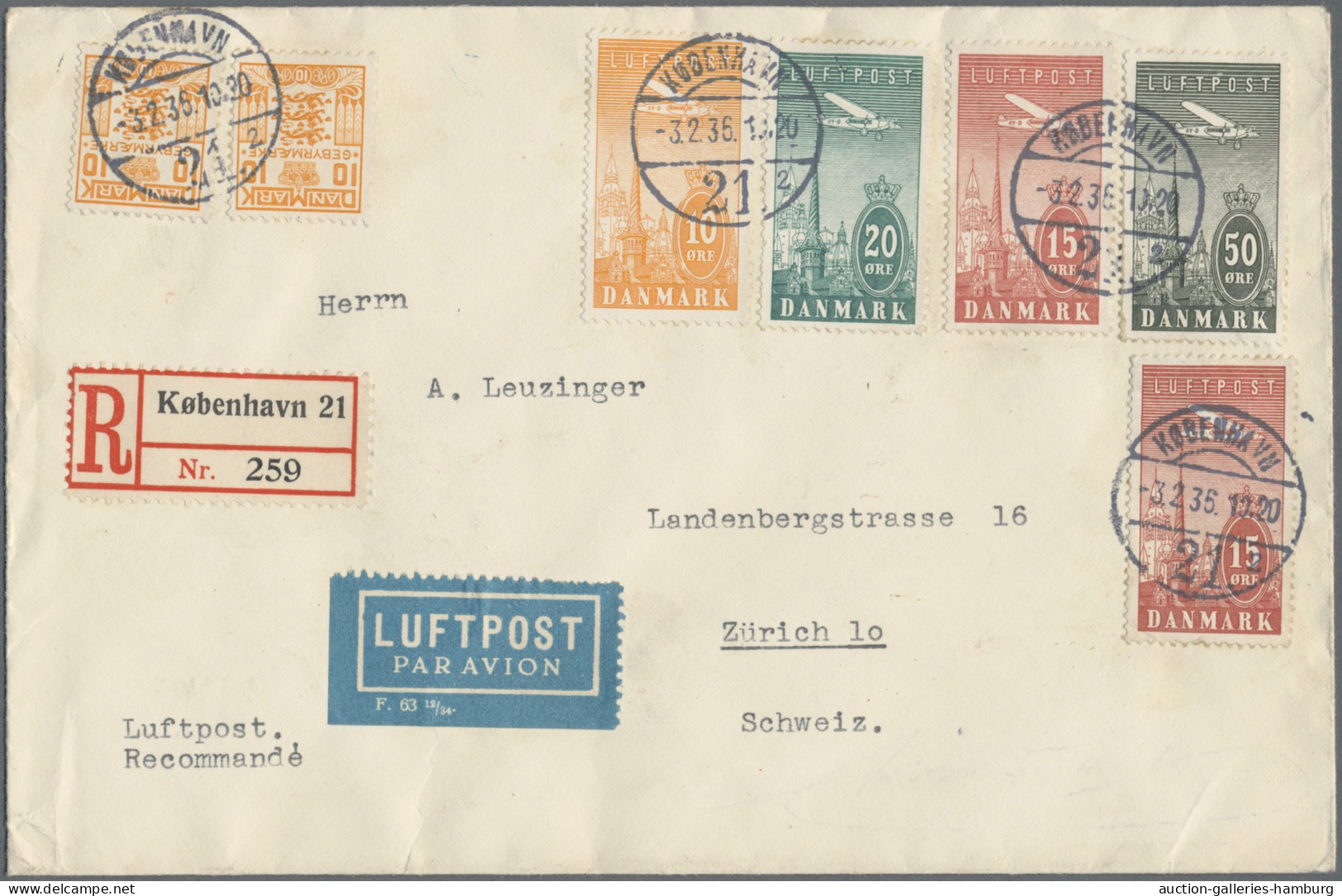 Denmark: 1934, Luftpostmarken Zu 10, 15 (2), 20 Und 50 Öre In Kombination Mit Ve - Lettres & Documents