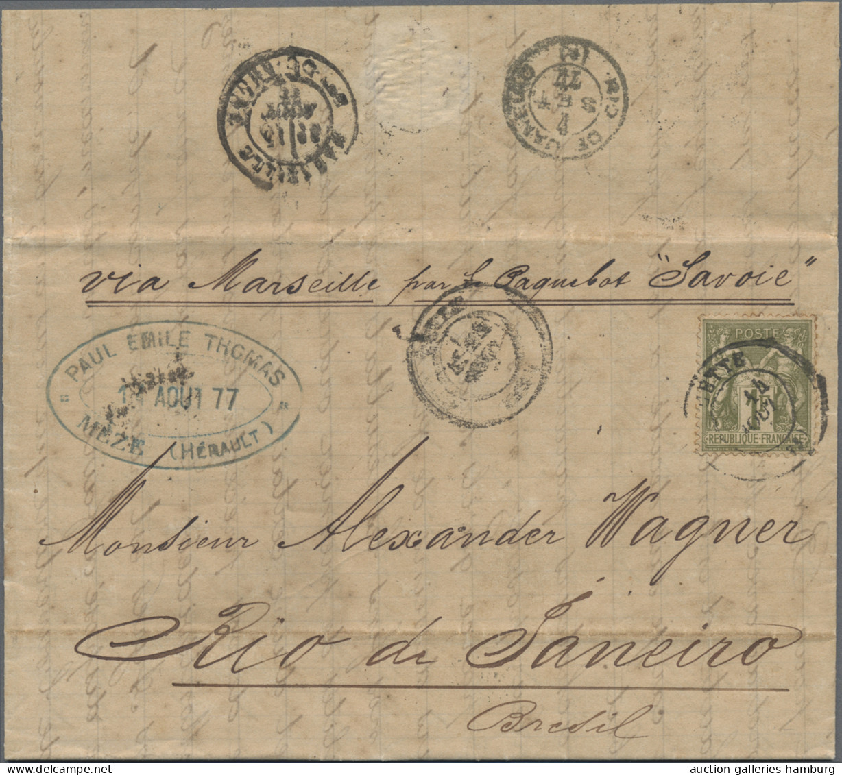 France: 1877, Sage 1 Fr. Olive, Two Lettersheets To Same Address In Rio De Janei - Lettres & Documents