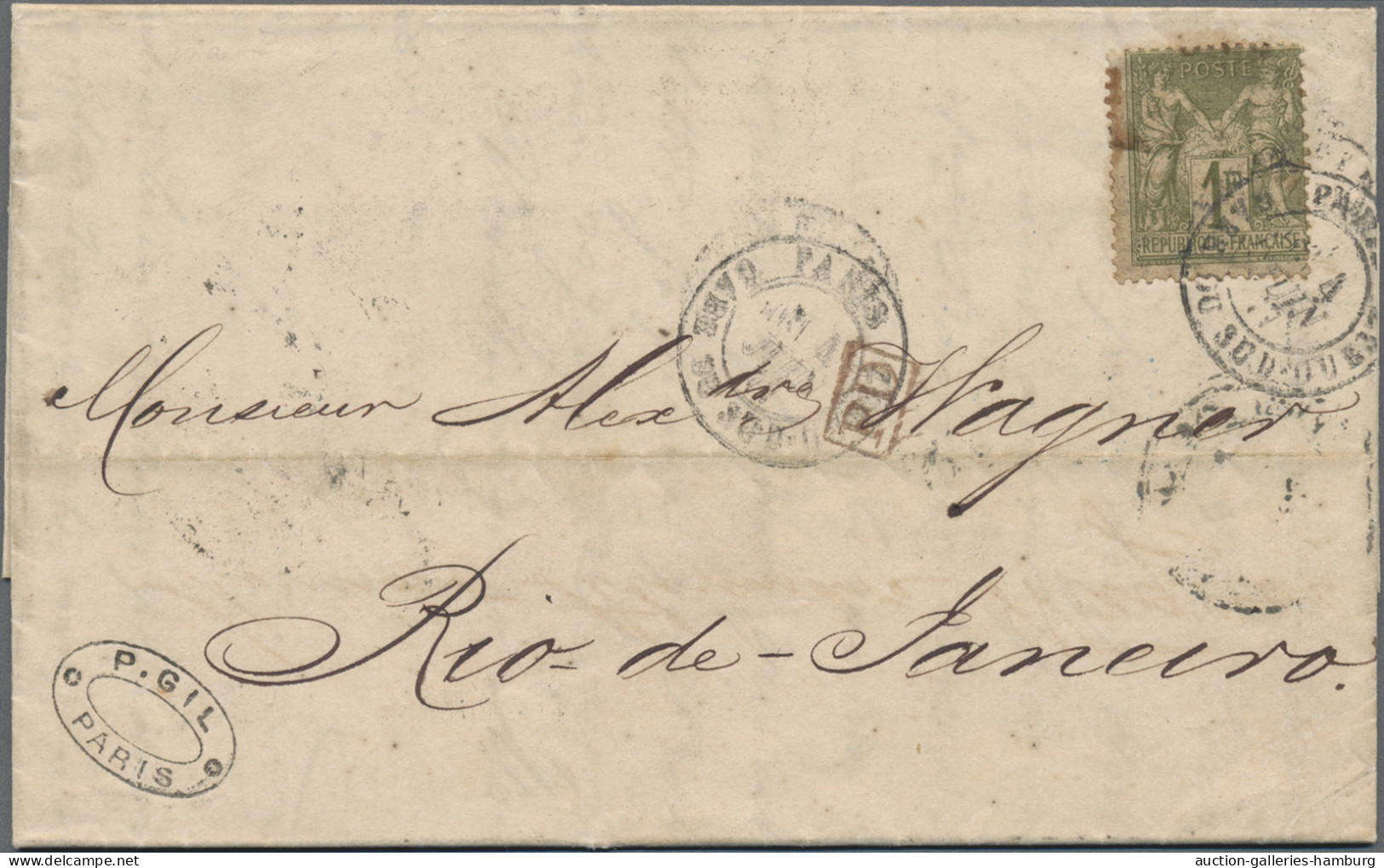 France: 1877, Sage 1 Fr. Olive, Two Lettersheets To Same Address In Rio De Janei - Lettres & Documents