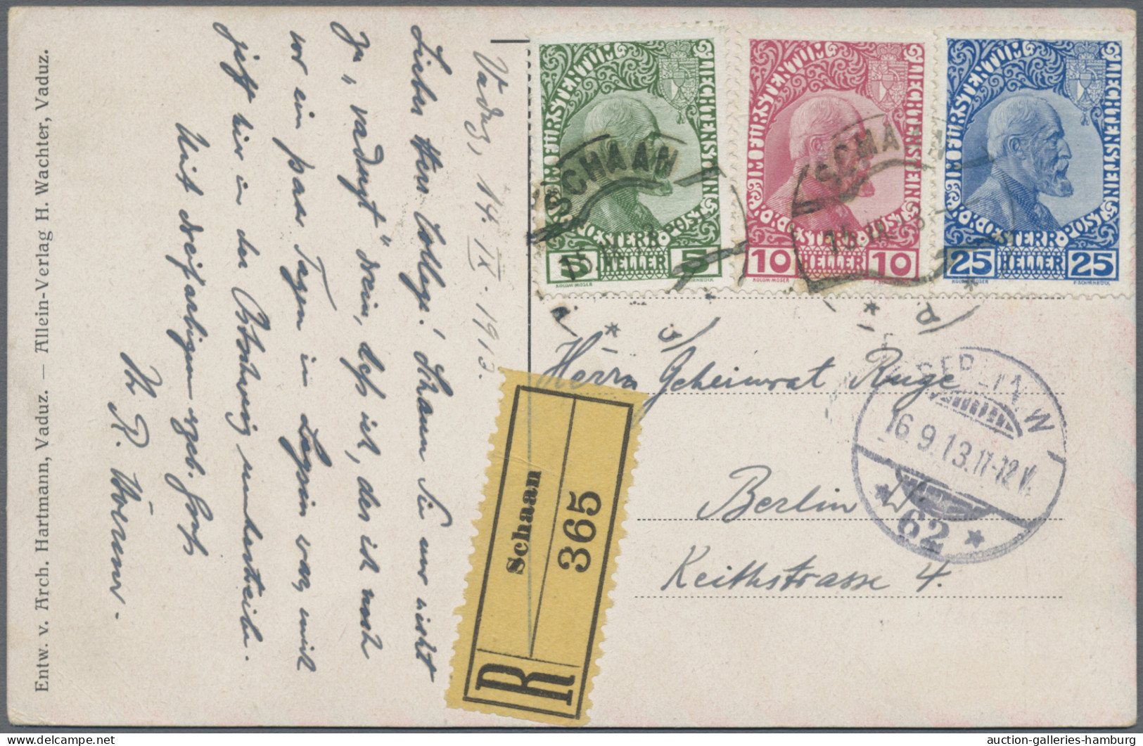 Liechtenstein: 1912, Freimarken 5 H. Bis 25 H., Satzfrankatur (25 H. Randklebung - Lettres & Documents