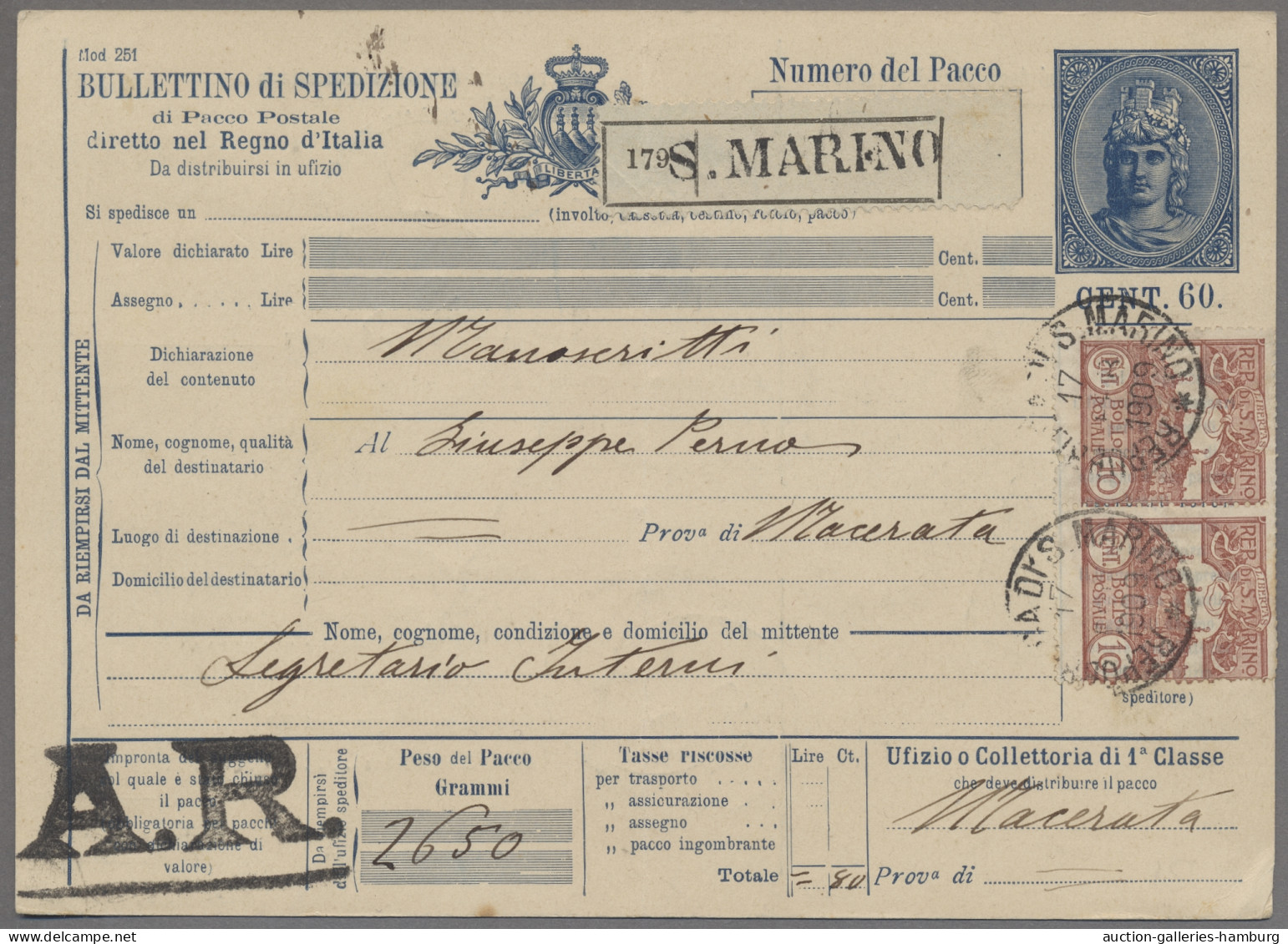 San Marino: 1909,17.2., Paketkarte Mit Wertstempel Zu 60c Bedarfsgebraucht Mit Z - Covers & Documents