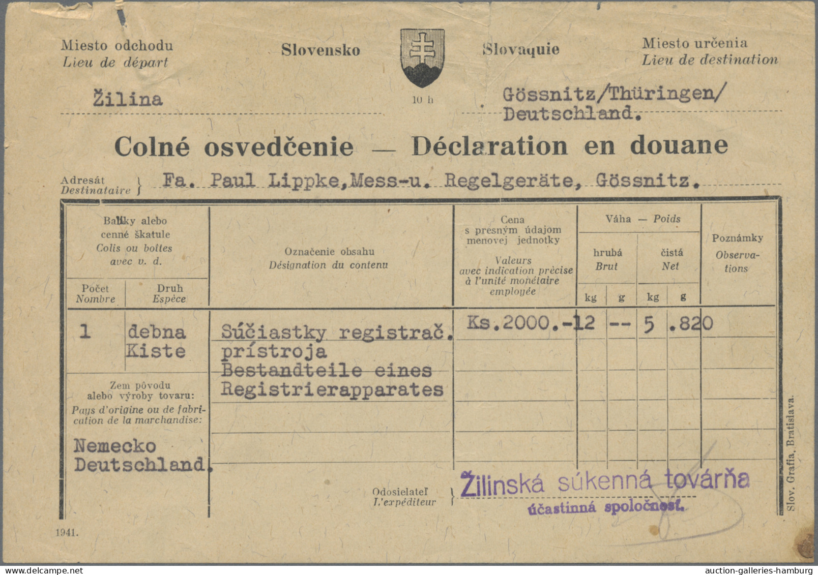 Slovakia - Postal Stationery: 1944, Parcel Despatch Form 1ks. Blue Used With Ins - Cartes Postales