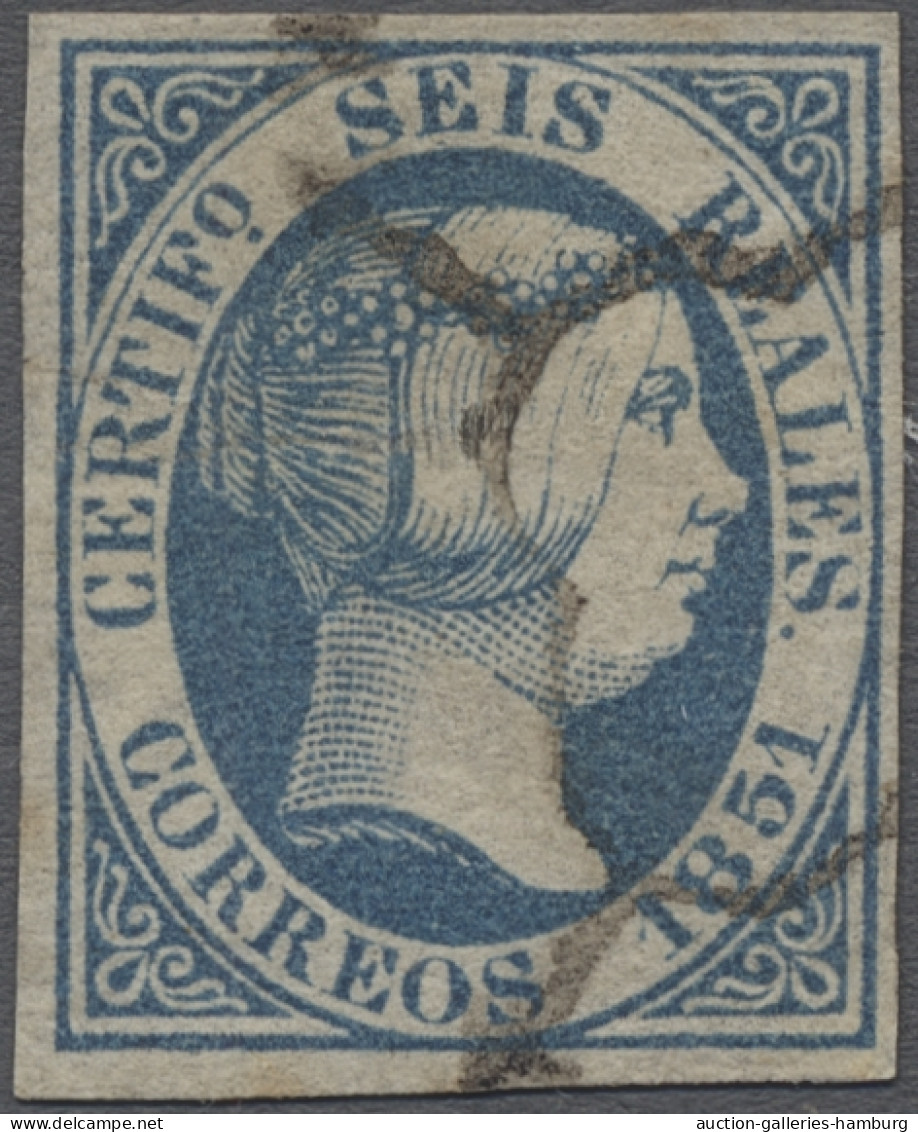 Spain: 1851, Königin Isabella II. Mit Diadem Im Oval, 6 Reales Blau, Allseitig V - Used Stamps