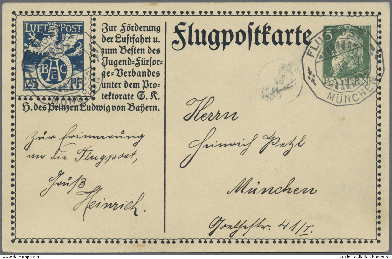 Bayern - Ganzsachen: 1912, Flugpostkarte 5 Pfg. Luitpold + 25 Pfg. "BAEC" Mit Bi - Other & Unclassified