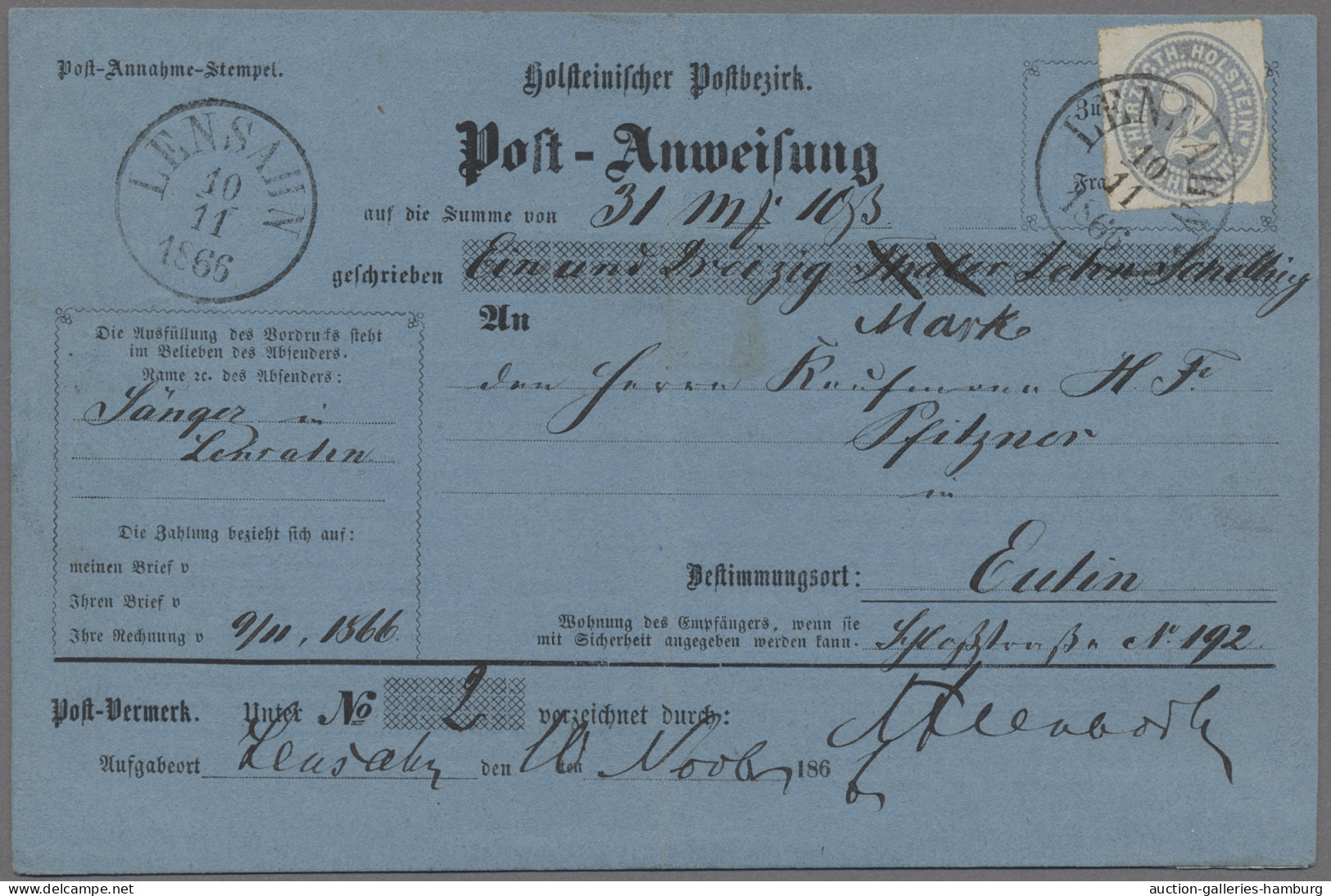 Schleswig-Holstein - Marken Und Briefe: 1865, Freimarke 2 Schilling Grauultramar - Autres & Non Classés