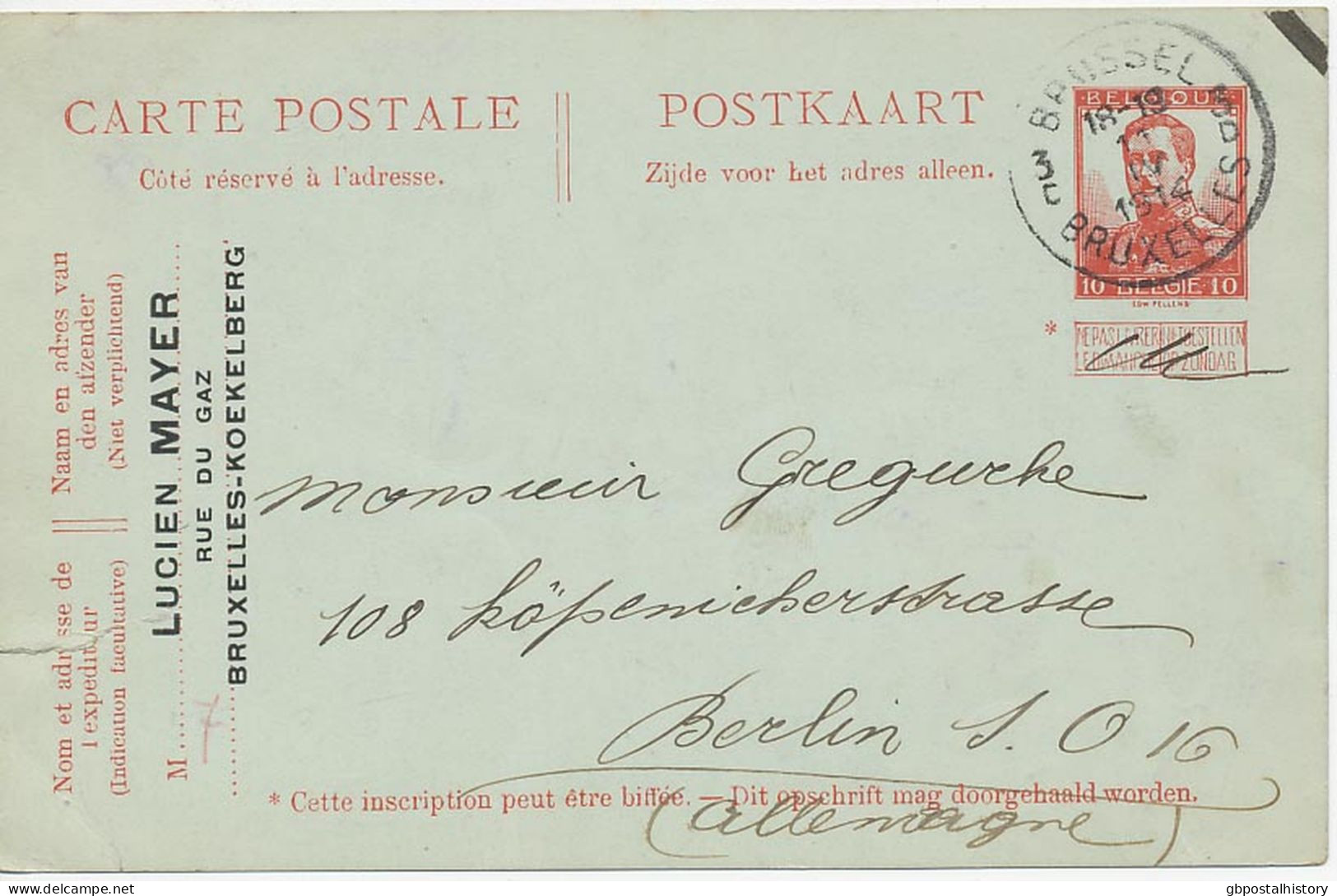 BELGIEN 1914 Albert I 10C Postkarte (links Einriß) K1 "BRUSSEL / BRUXELLES 3" Nach BERLIN ABART: Im Wertstempel Linker - Zonder Classificatie