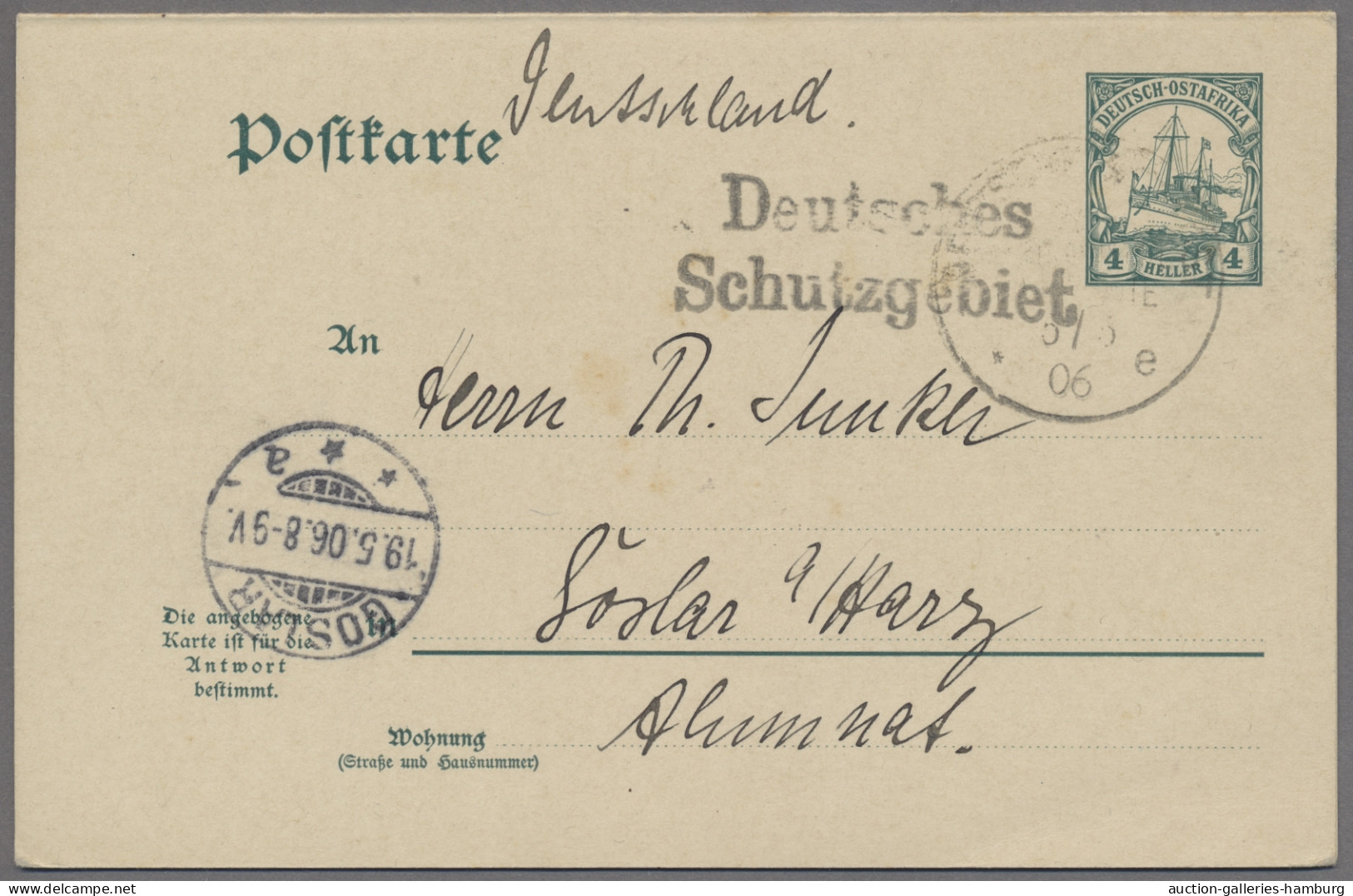 Deutsch-Ostafrika - Stempel: 1906, SEEPOST, Doppelkarte Kaiseryacht, 4 Heller, S - Afrique Orientale