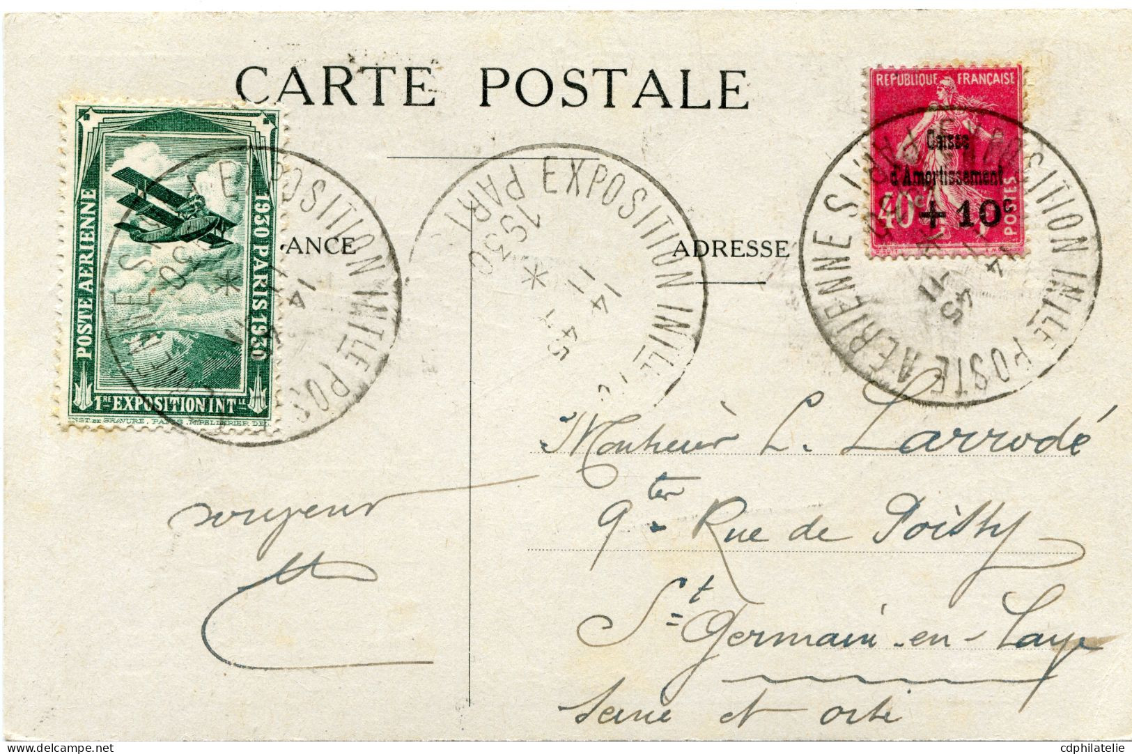 FRANCE CARTE POSTALE AVEC VIGNETTE "PARIS 1930 POSTE..." AFFRANCHIE AVEC LE N°266 (C.A.) DEPART PARIS 11-11-1930.... - 1927-31 Sinking Fund