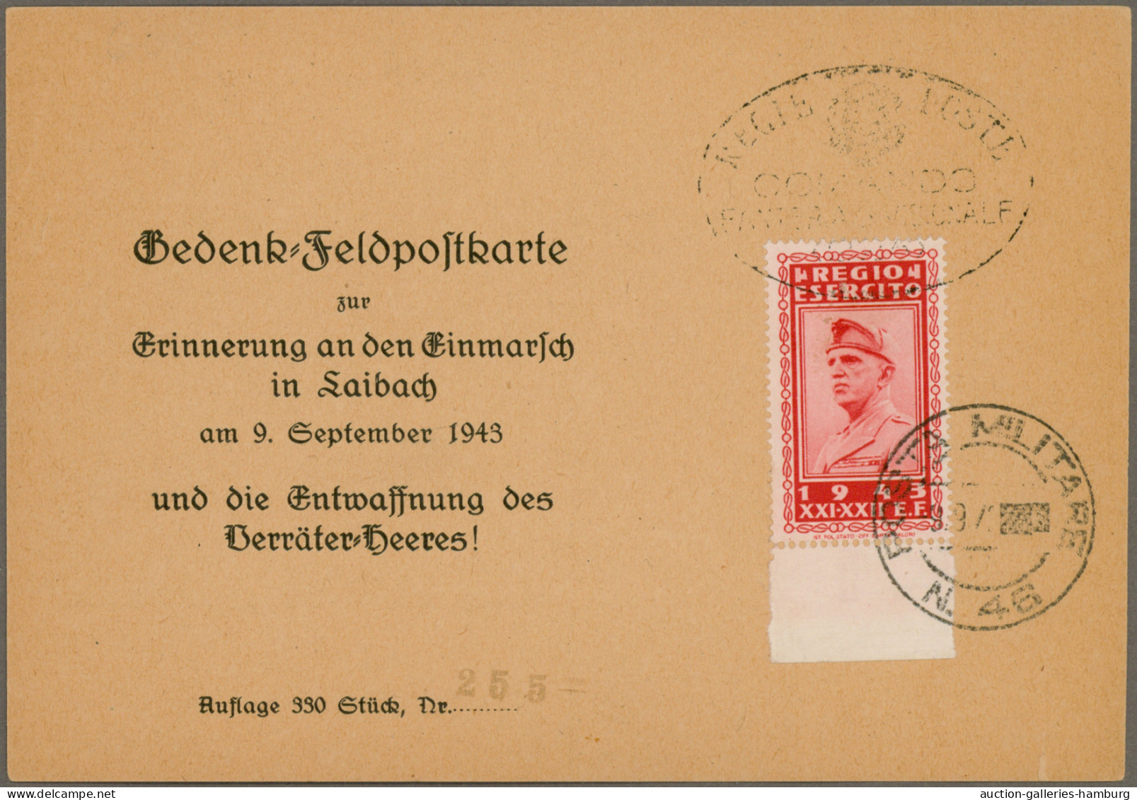 Dt. Besetzung II WK - Laibach: 1943, Vordruckkarte "Gedenk-Feldpostkarte Zur Eri - Occupation 1938-45