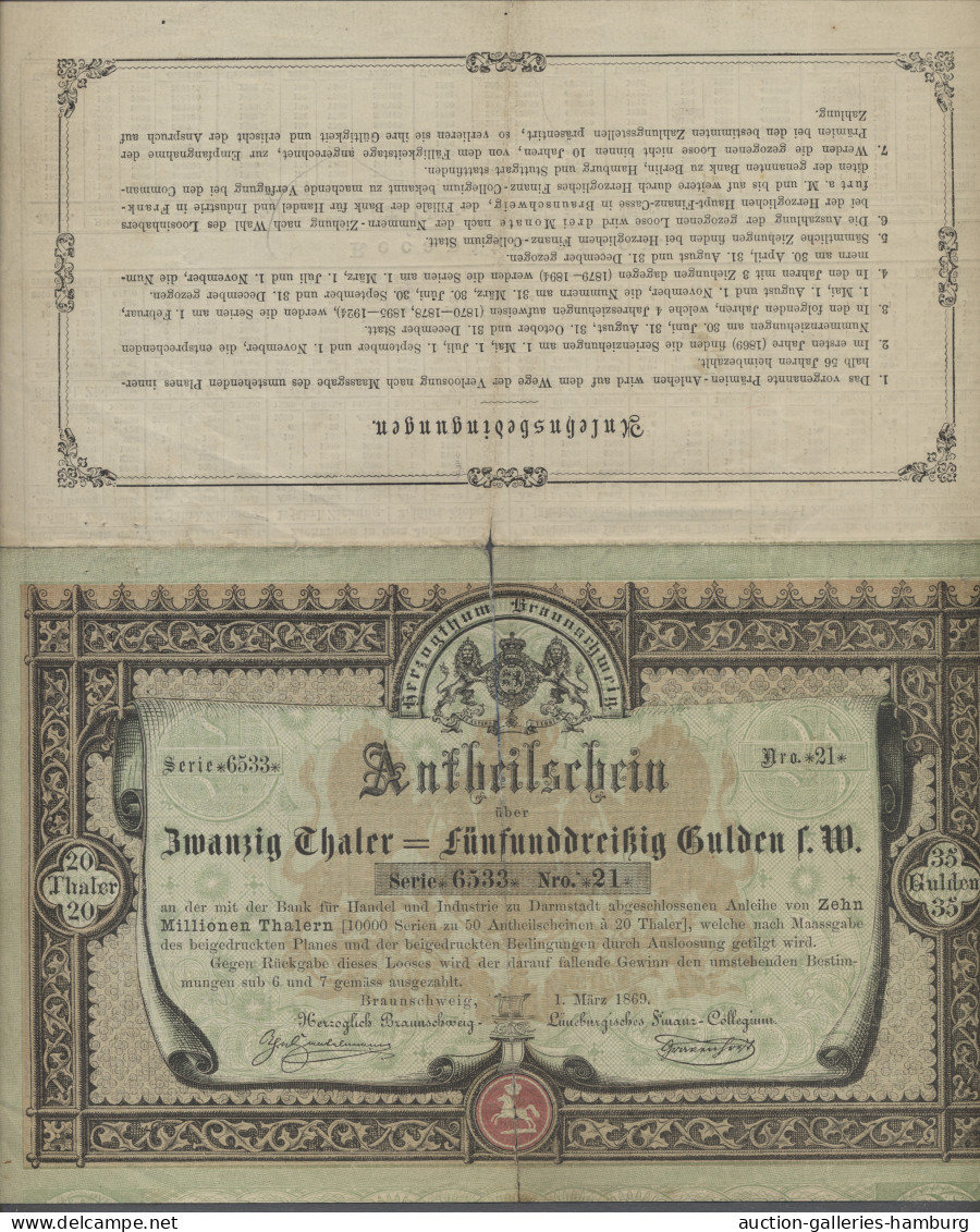 Alte Aktien / Wertpapiere: BRAUNSCHWEIG; 1869, "Antheilsschein" über 20 Thaler = - Autres & Non Classés