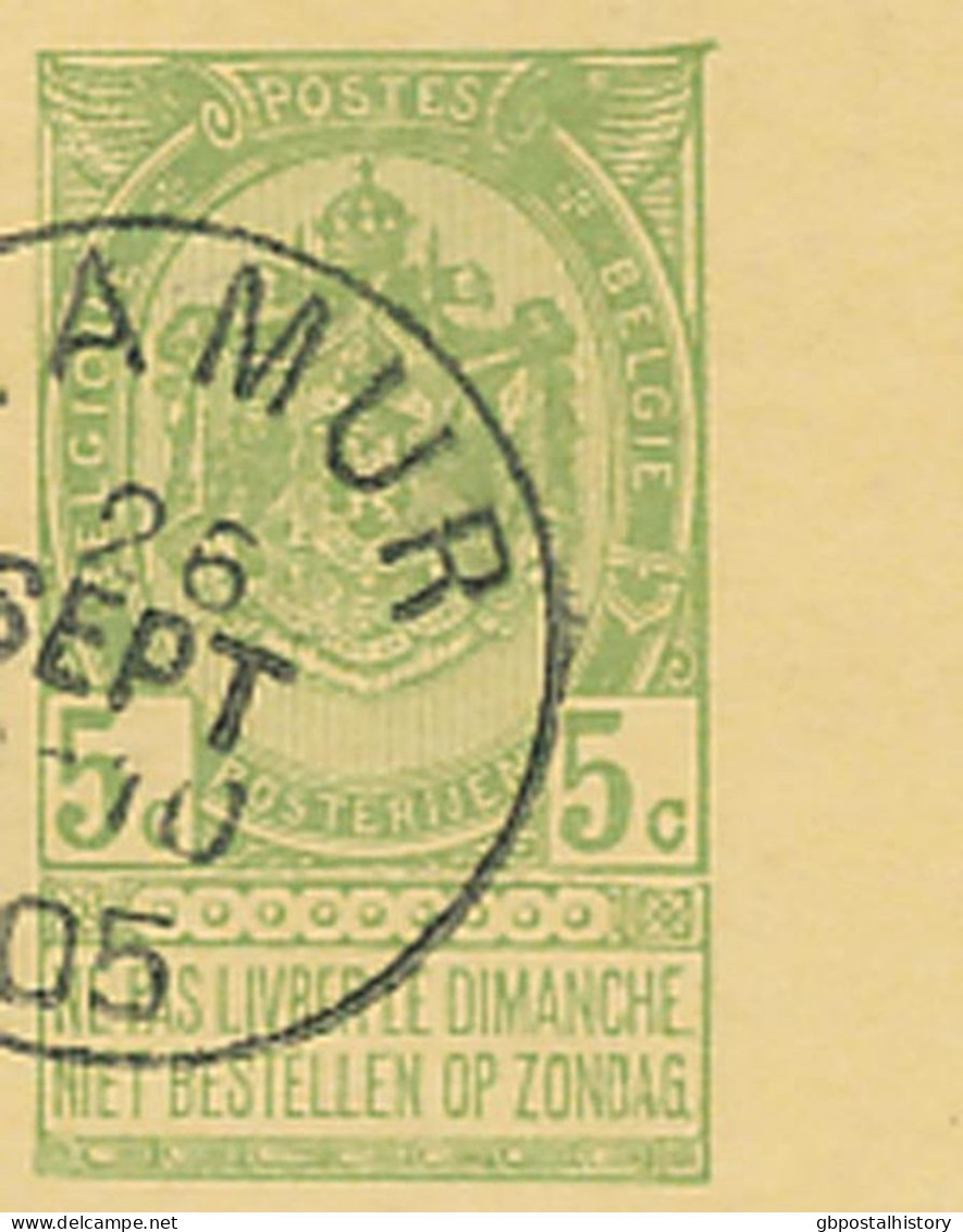 BELGIEN 1905 Wappen 5C Postkarte Mit K1 "NAMUR" Kab.-GA M. Ank.-Stpl. "BRUXELLES / ARRIVEE", ABART: Druckausfall Zwische - Non Classificati