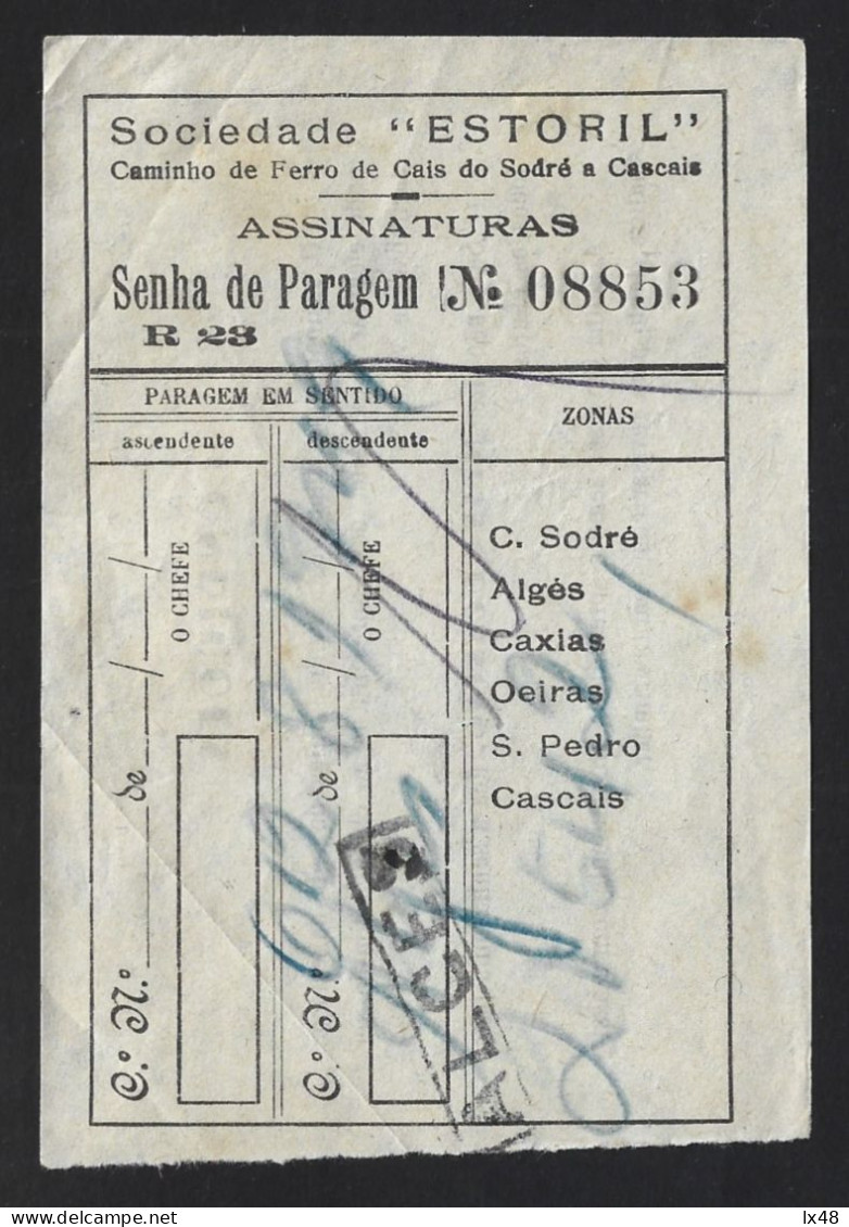 Train Ticket. Estoril Railway Society From Cais Sodré To Oeiras, 1949. Treinkaartje. Spoorwegmaatschappij Van Estoril Va - Monde