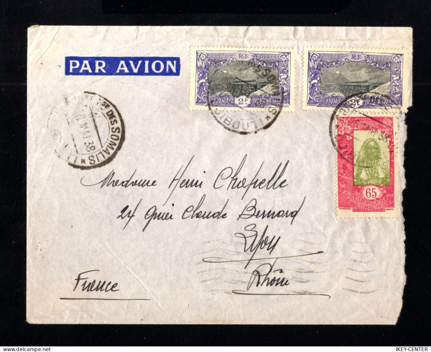 689-COTE FRANÇAISE Des SOMALIS-AIRMAIL COVER DJIBOUTI To LYON (france).1938.WWII.FRENCH COLONIES - Storia Postale