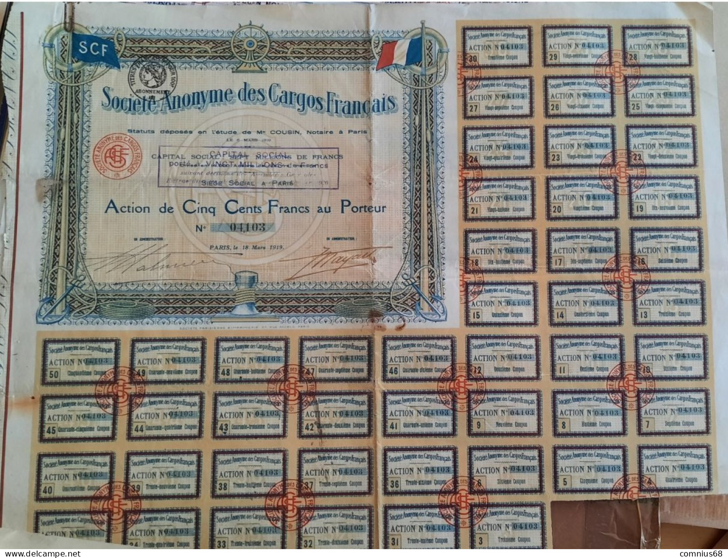 Action 500 Francs - 1919 - Société Anonyme Des Cargos Français - Note Comportant Des Renseignements Sur La Société - Scheepsverkeer