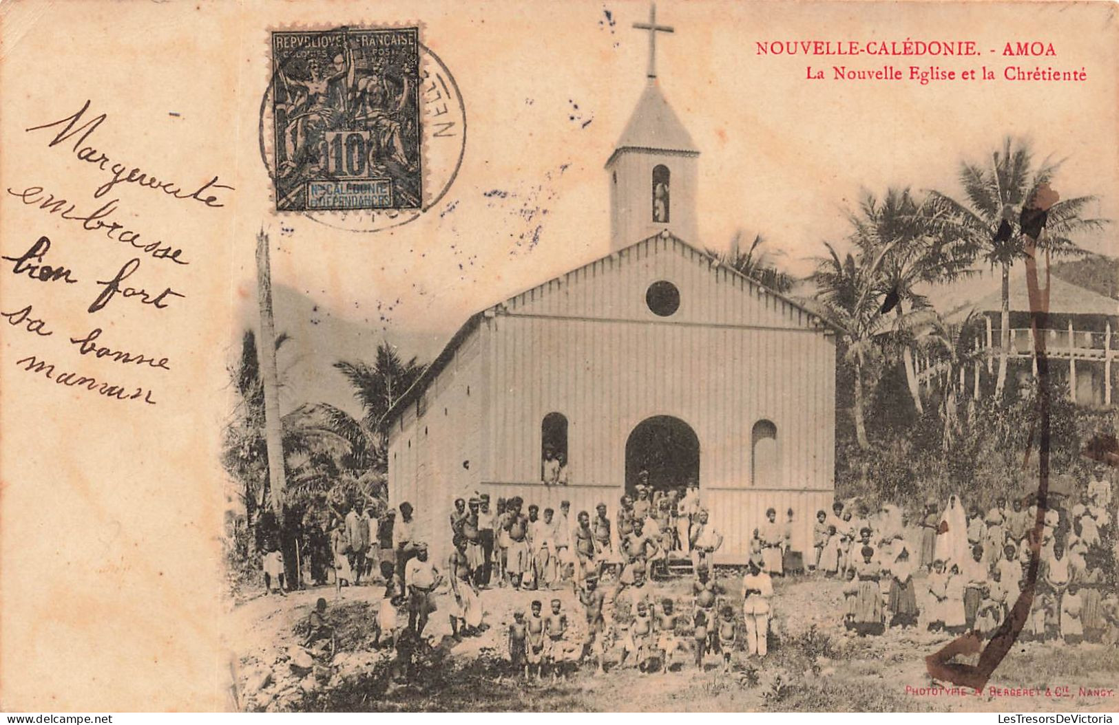 Nouvelle Calédonie - Amoa - La Nouvelle église Et La Chrétienté - Animé - Oblitéré 1904 - Carte Postale Ancienne - New Caledonia
