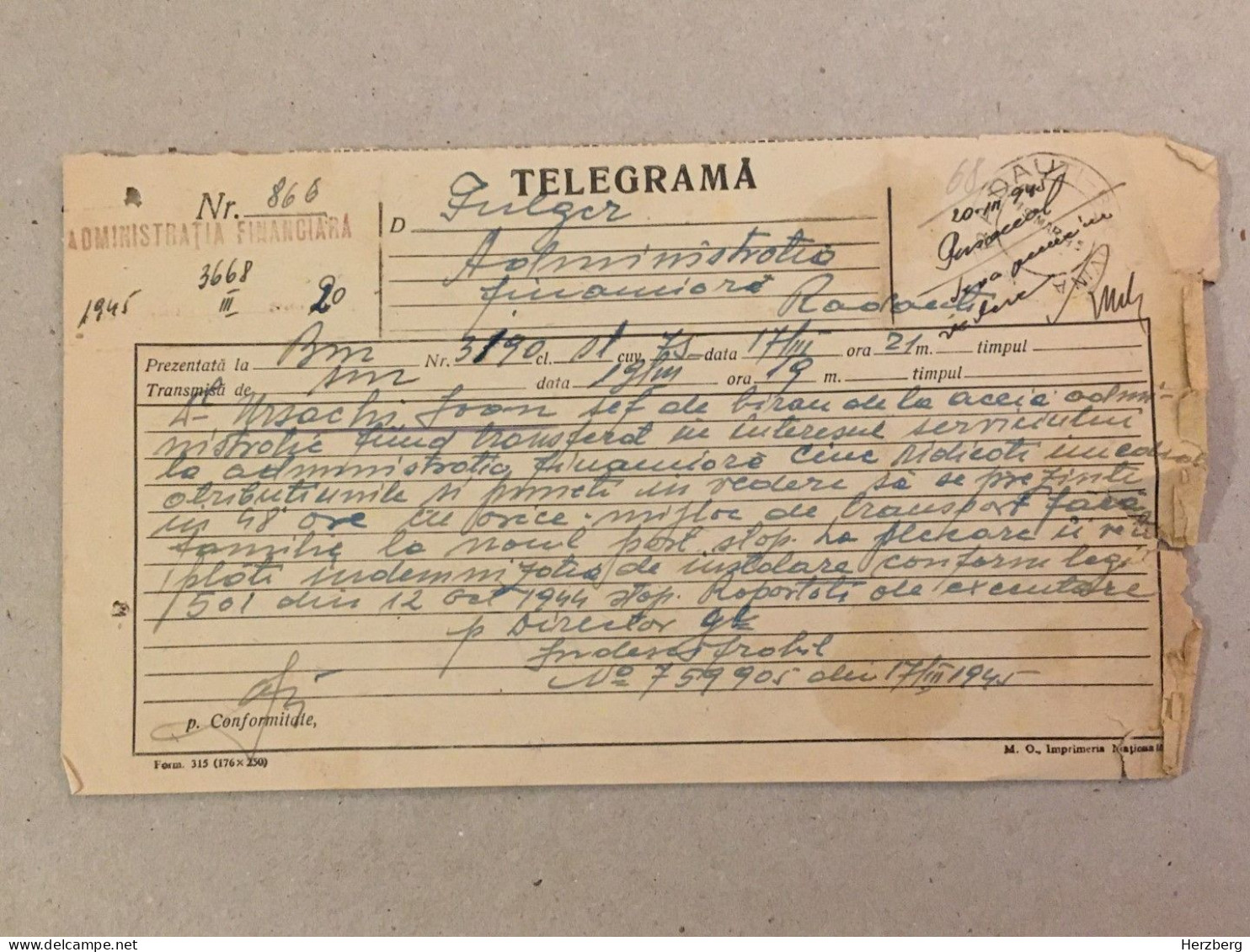 Romania 1945 Telegram Telegrame Télégramme Telegramm Bucovina Radauti Finance Financial Administration Financière - Briefe U. Dokumente