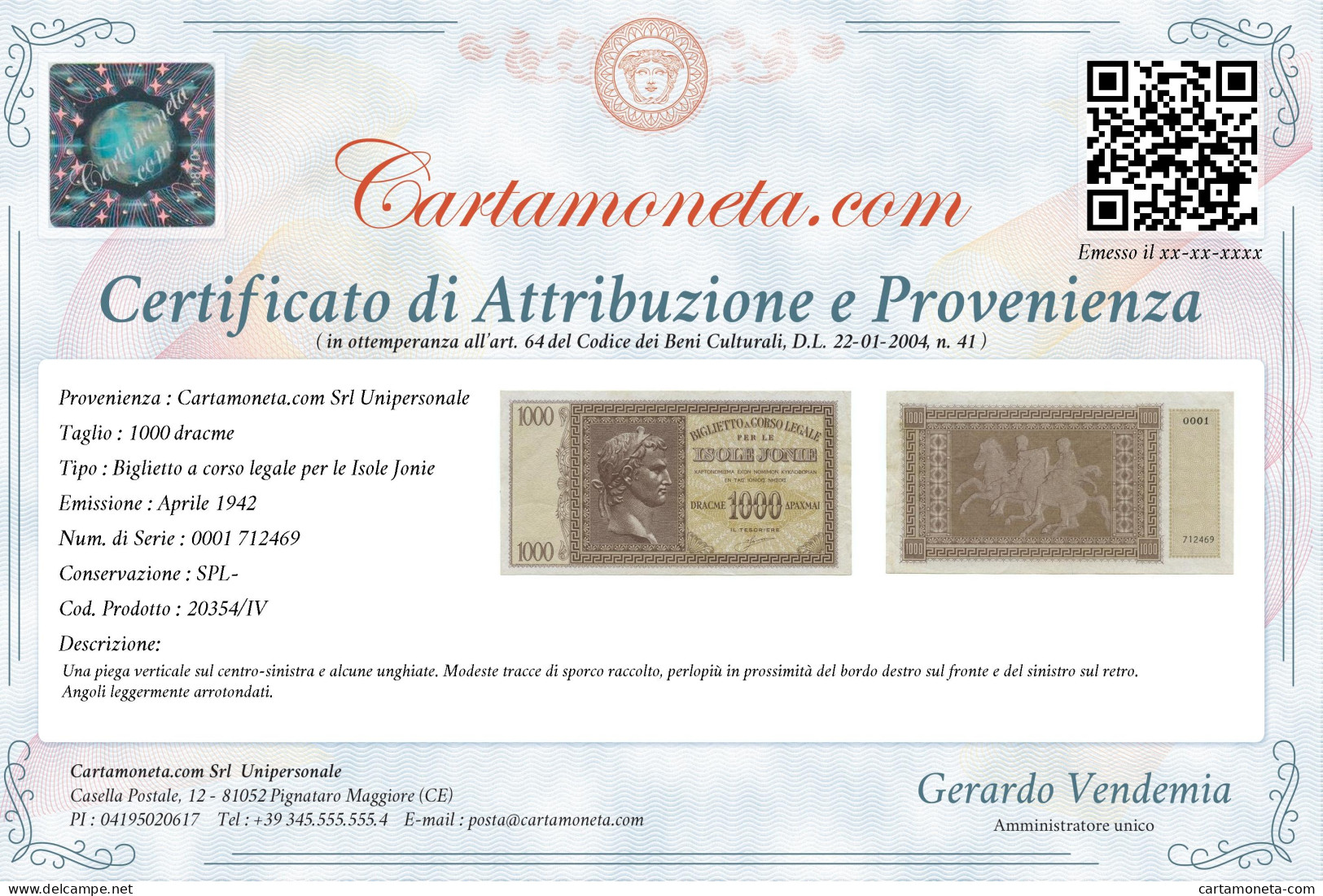 1000 DRACME OCCUPAZIONE ITALIANA DELLA GRECIA ISOLE JONIE APRILE 1942 SPL- - Other & Unclassified
